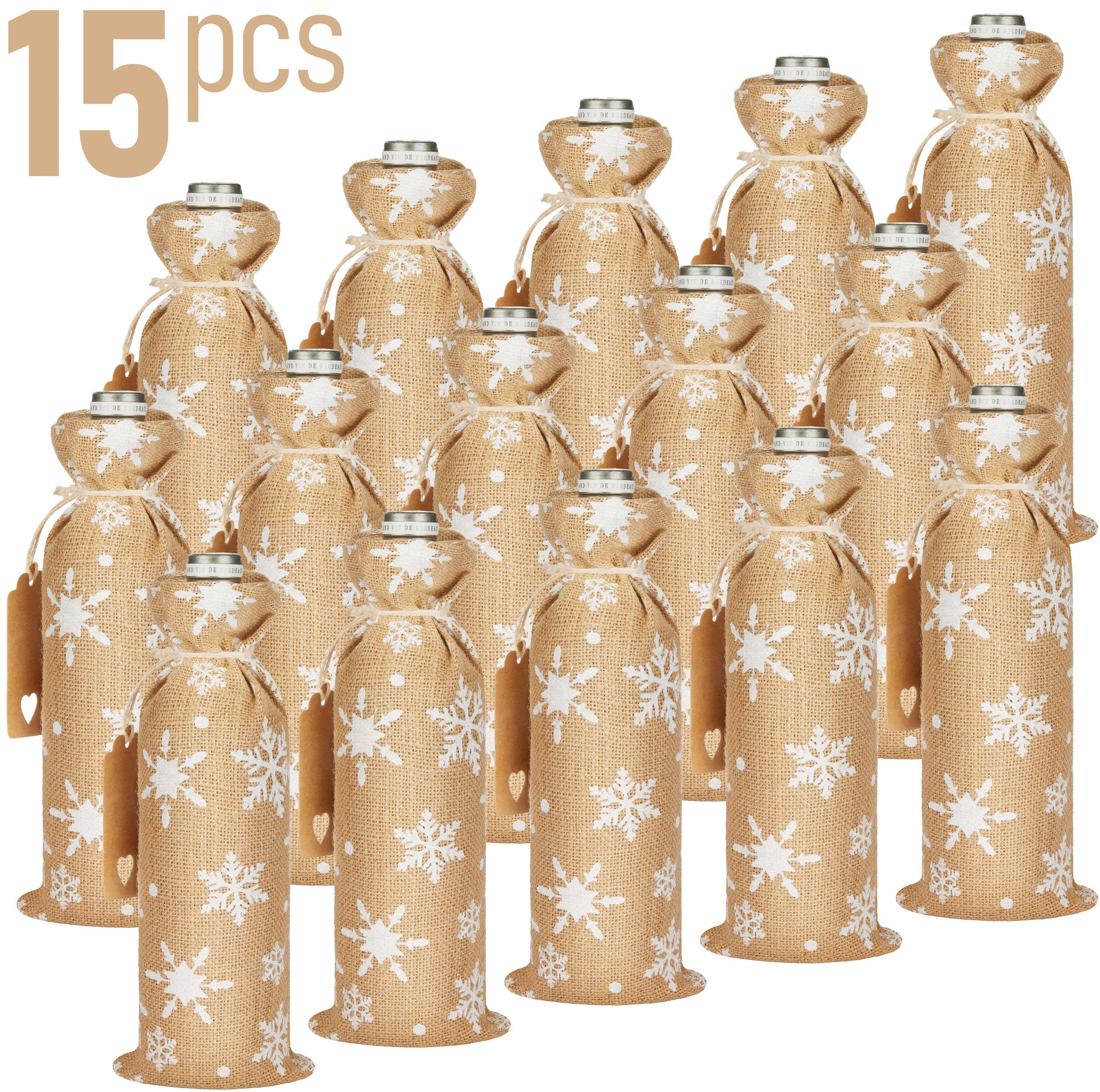 BRUBAKER 15er Set Weinbeutel für Weihnachten - Schneeflocken Weiß