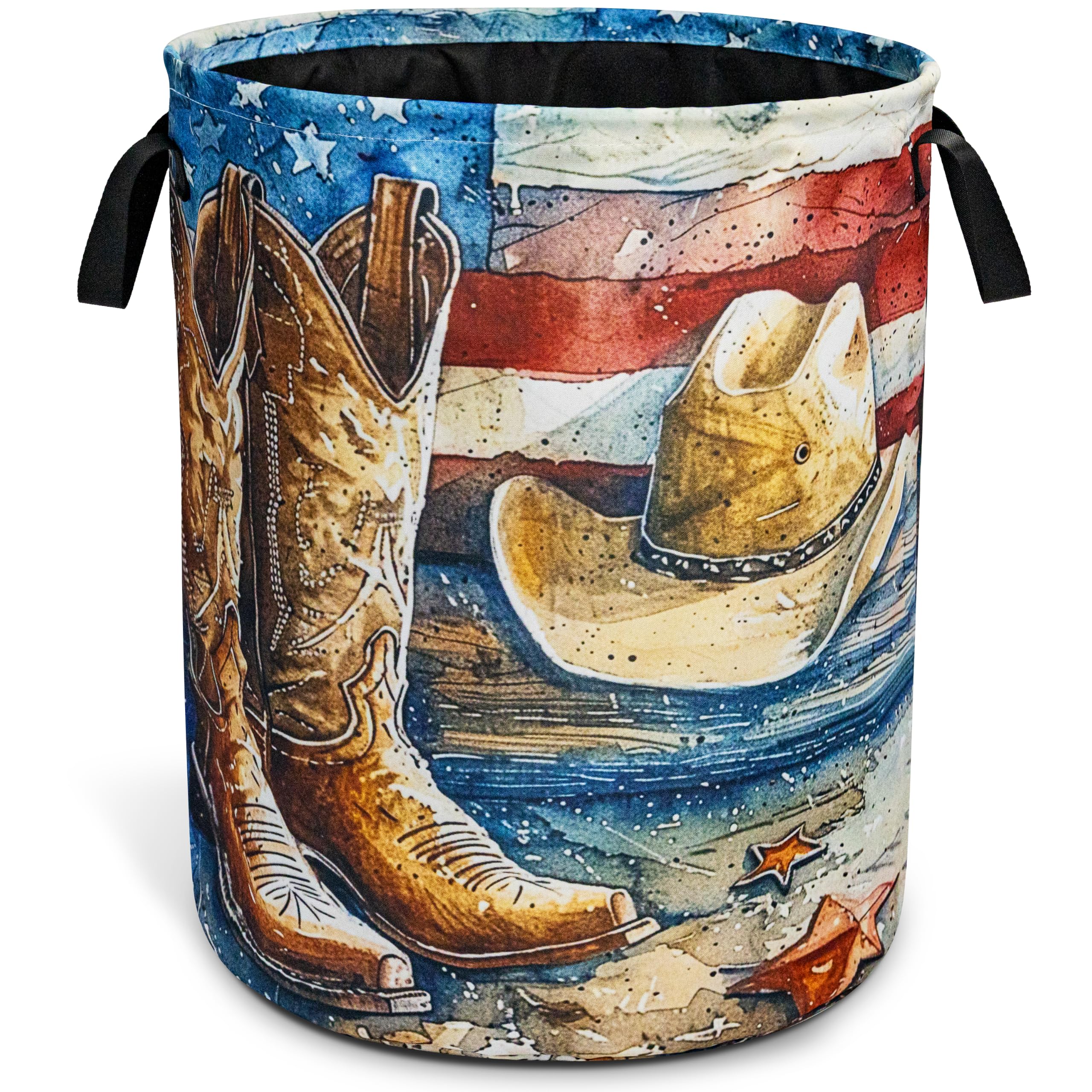 Cowboy Hat Boots American Flag Laundry Basket Oxford Cloth 18.9 x 16.5 Inch