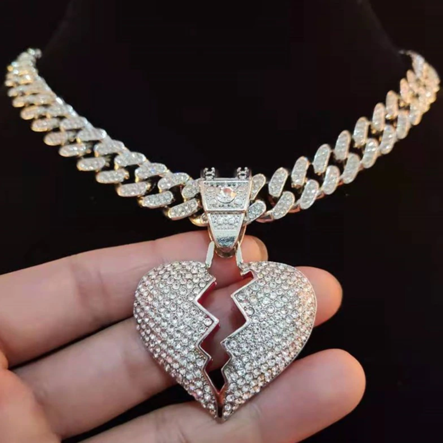 N-Made Beautifull Broken Heart Chain Iced Out Pendant, Iced