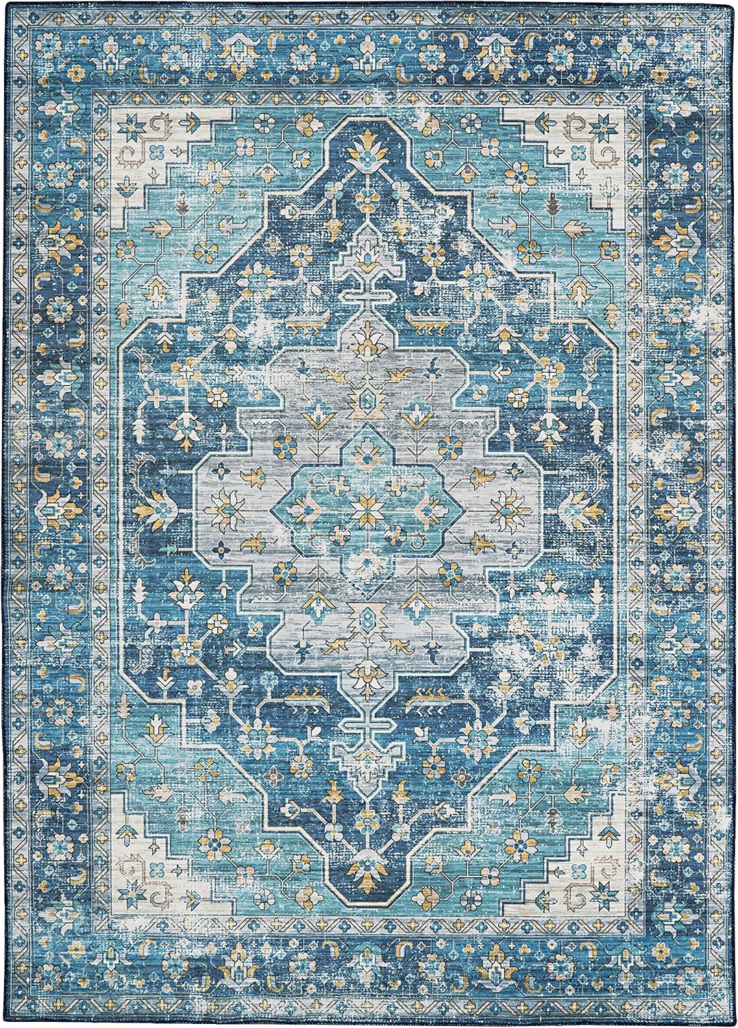 Linon Home Decor Products The Anywhere Washable Rug Firenz Teal & Ivory 3' X 5' Accent Rug