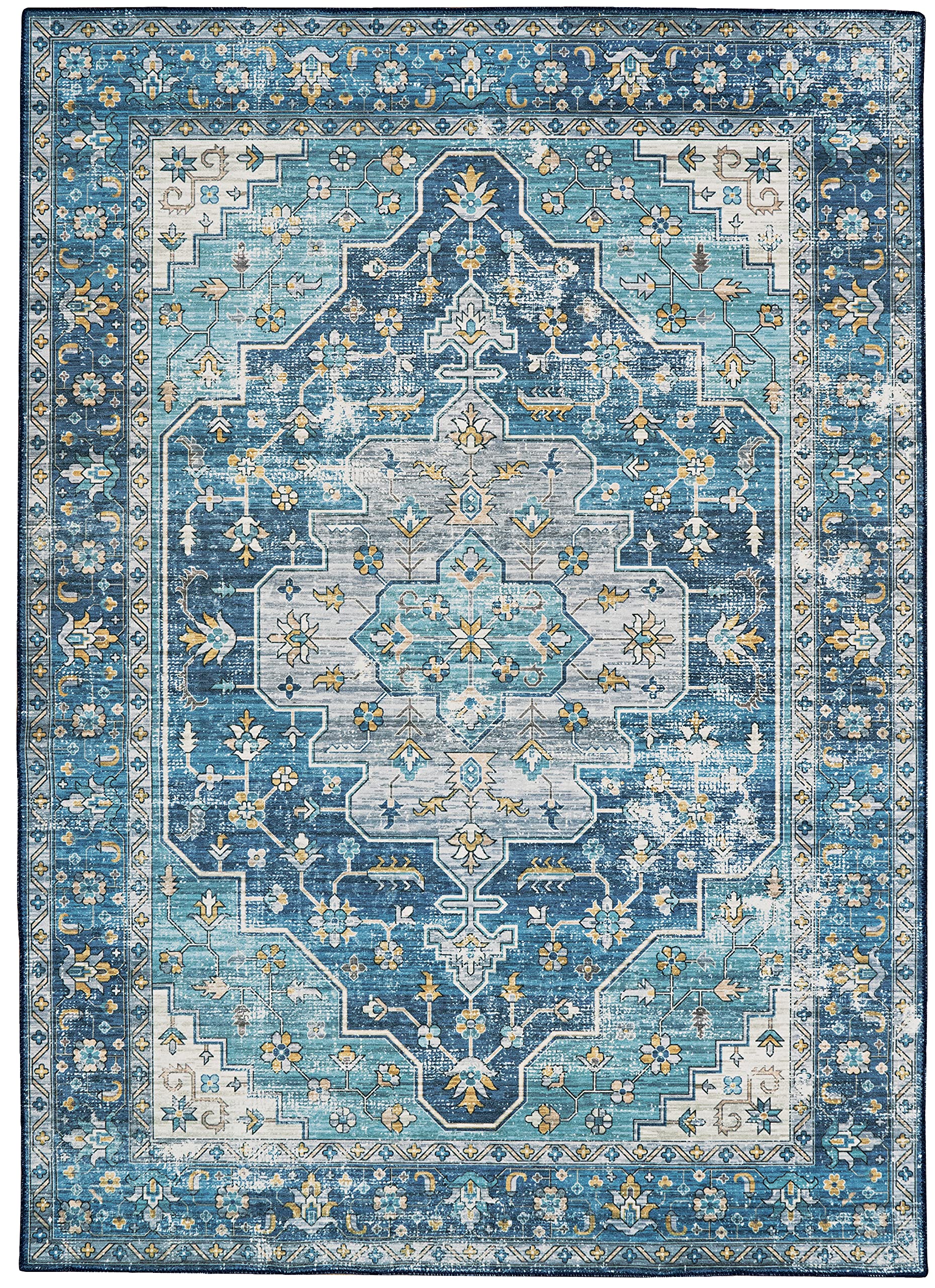 Linon Home Decor Products The Anywhere Washable Rug Firenz Teal Ivory 3 X 5 Accent Rug