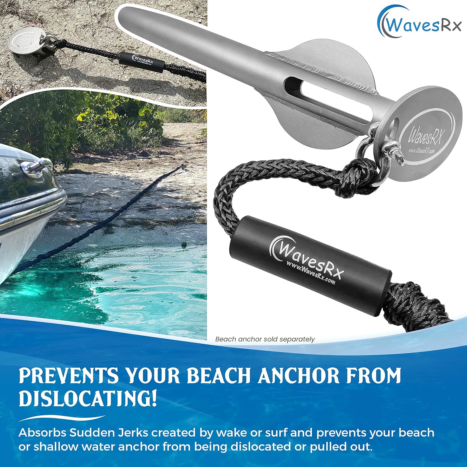 WavesRx Beach Anchoring Bundle | Aluminum Sand Anchor + Bungee Line 14' | Securely Anchor Your Watercraft in Shallow Water Near Beach or Sandbar | Perfect for Boats, Pontoons, Jet Ski and Other PWC