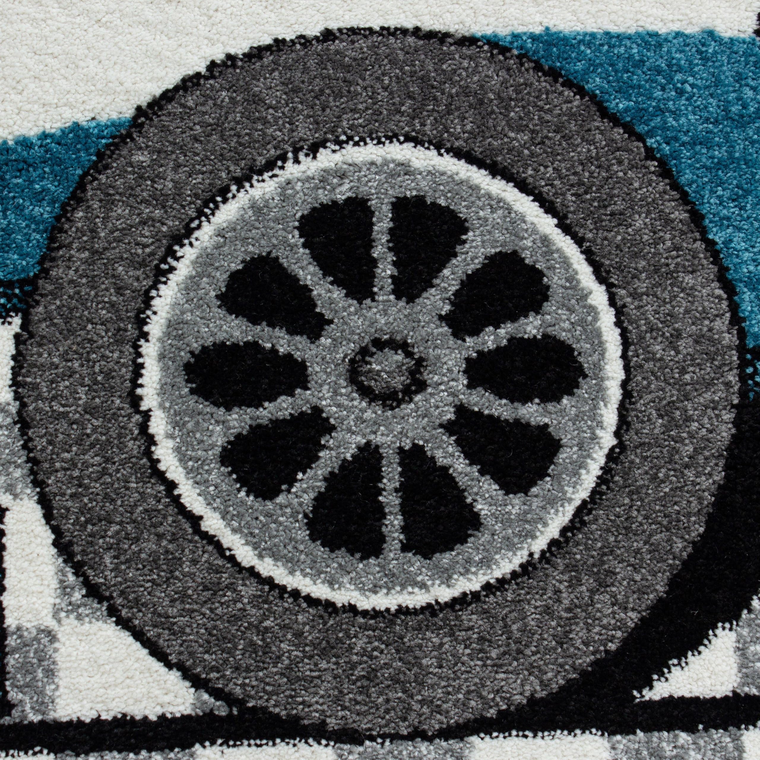 HomebyHome Kinderteppich Autorennen Motiv Blau 140x200 cm Großer Teppich fürs Kinderzimmer Weich & Ideal für kleine Autofans