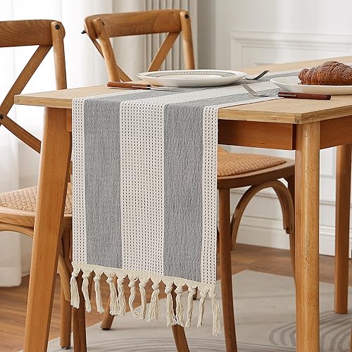 Miniatura 3 de Camino de mesa de arpillera con borlas de 36 pulgadas de largo, estilo bohemio, a rayas anchas, de lino, camino de mesa, accesorios de mesa para