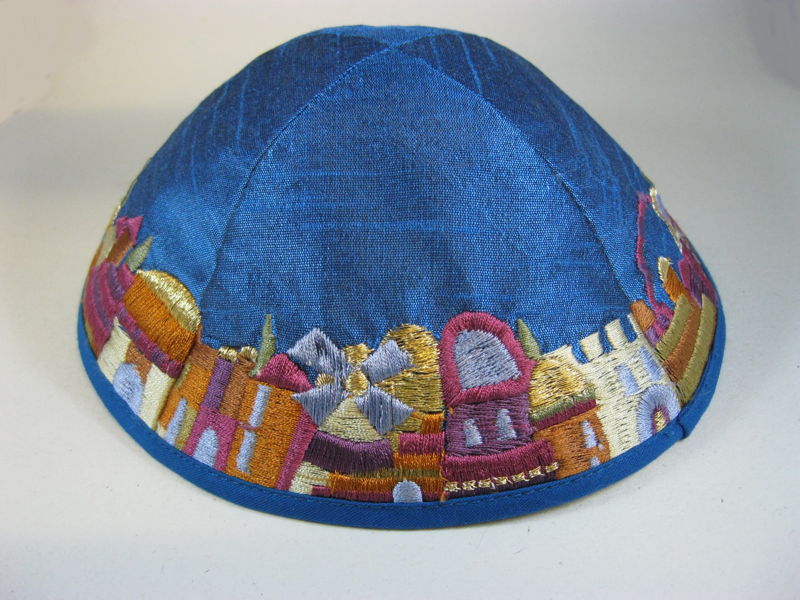 Rimmon Blue Jerusalem Walls Raw Silk Kippah Yarmulke Made In Israel