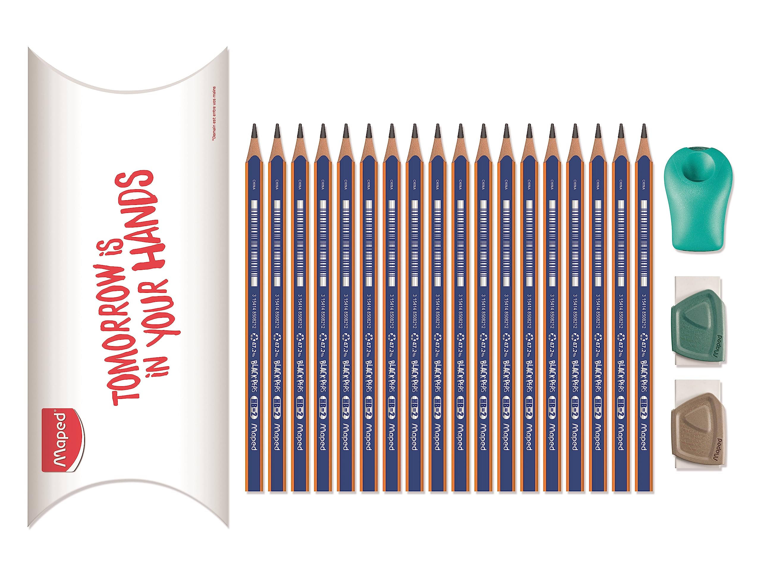 Maped - Set of 18 Navy Wood Graphite Pencils + 2 Precision Wood Erasers + 1 Bulbo Pencil Sharpener - Green Pack - Blue/Green