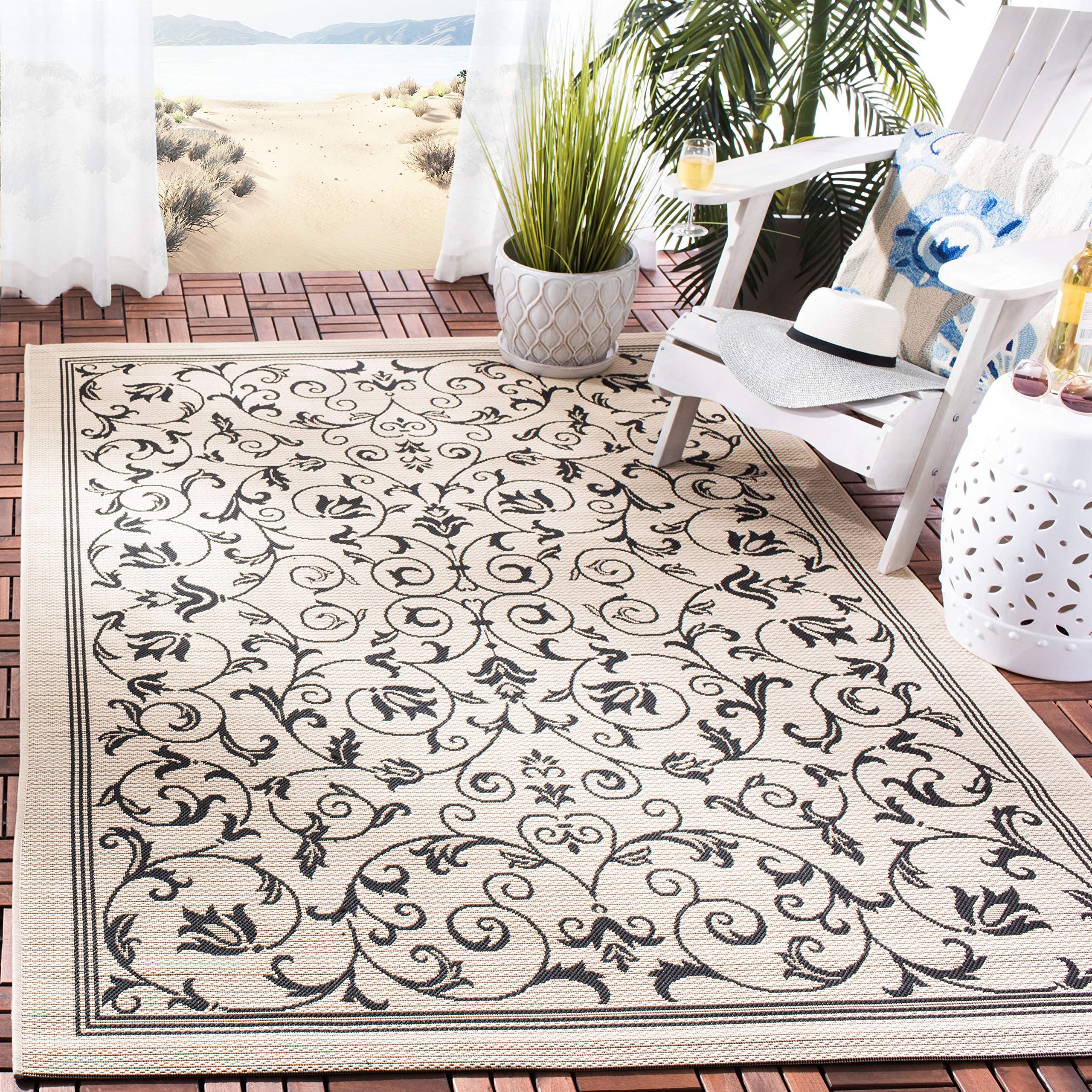 SAFAVIEH Washable Rug Outdoor Courtyard Collection - 2'7" x 5', Sand & Black, Non-Shedding & Easy Cleaning, Ideal for Patio, Backyard, Mudroom (CY2098