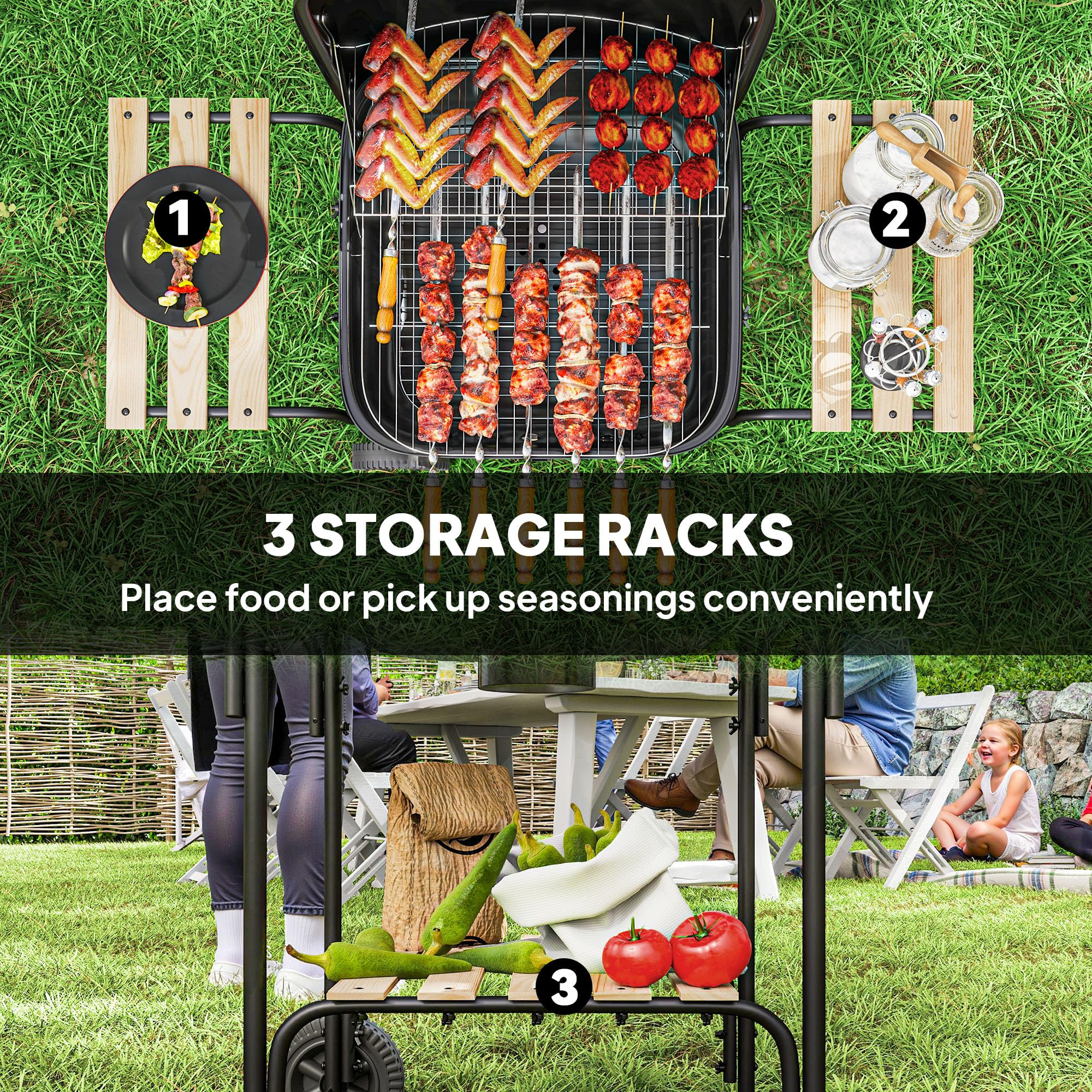 Outsunny Carrello di cottura per barbecue a carbonella con superficie di cottura di 1840 cm², affumicatore portatile per barbecue con griglia, coperchio, ripiani e ruote, per picnic in campeggio, nero