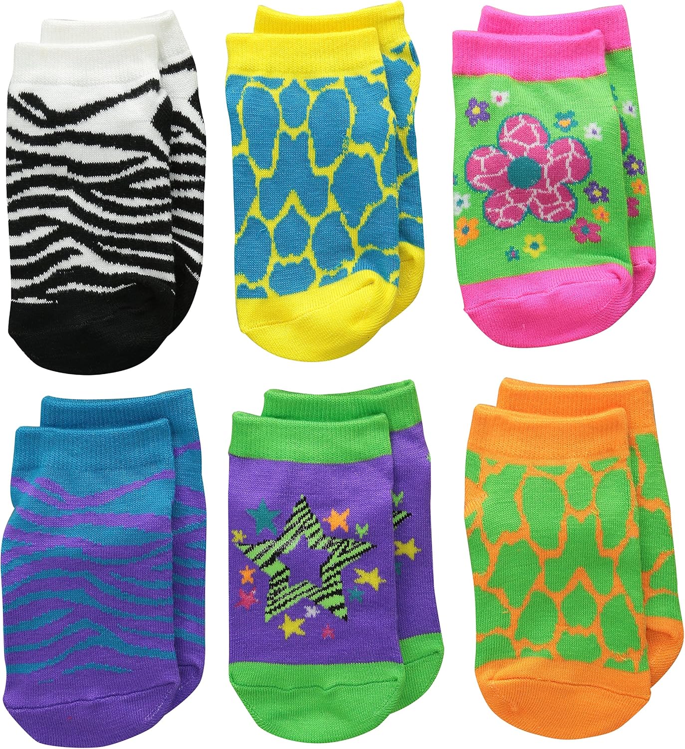 Jefferies Socks Big Girls' Zebra and Giraffe Neon Low Cut Socks (6 Pair Pack)