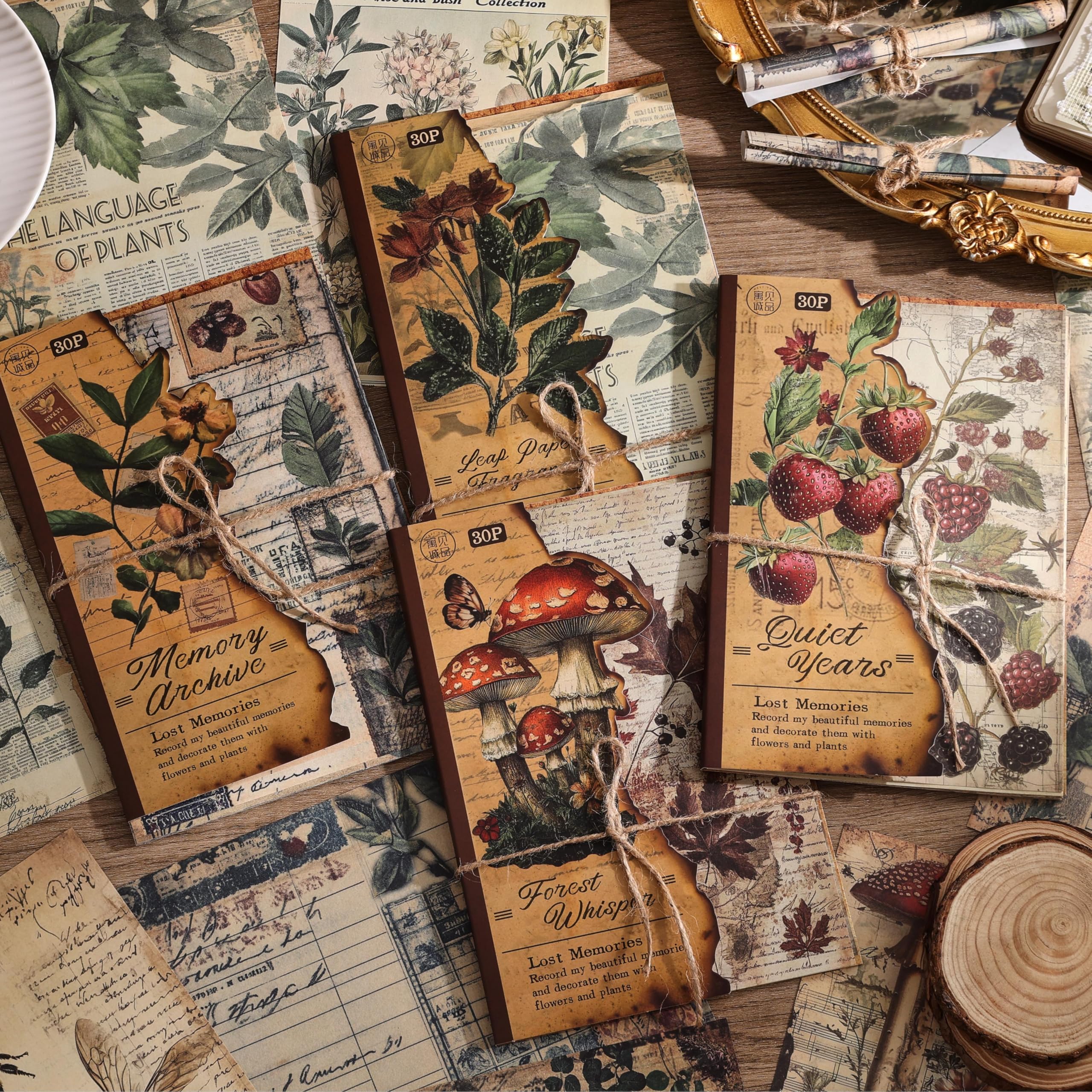 Zestaw 120 arkuszy papieru w stylu vintage, botaniczny album do scrapbookingu, artykuły do scrapbookingu, rękodzieło, zestaw papierów do decoupage, 4 motywy x 30 cm, kwiatowy wzór z grzybami