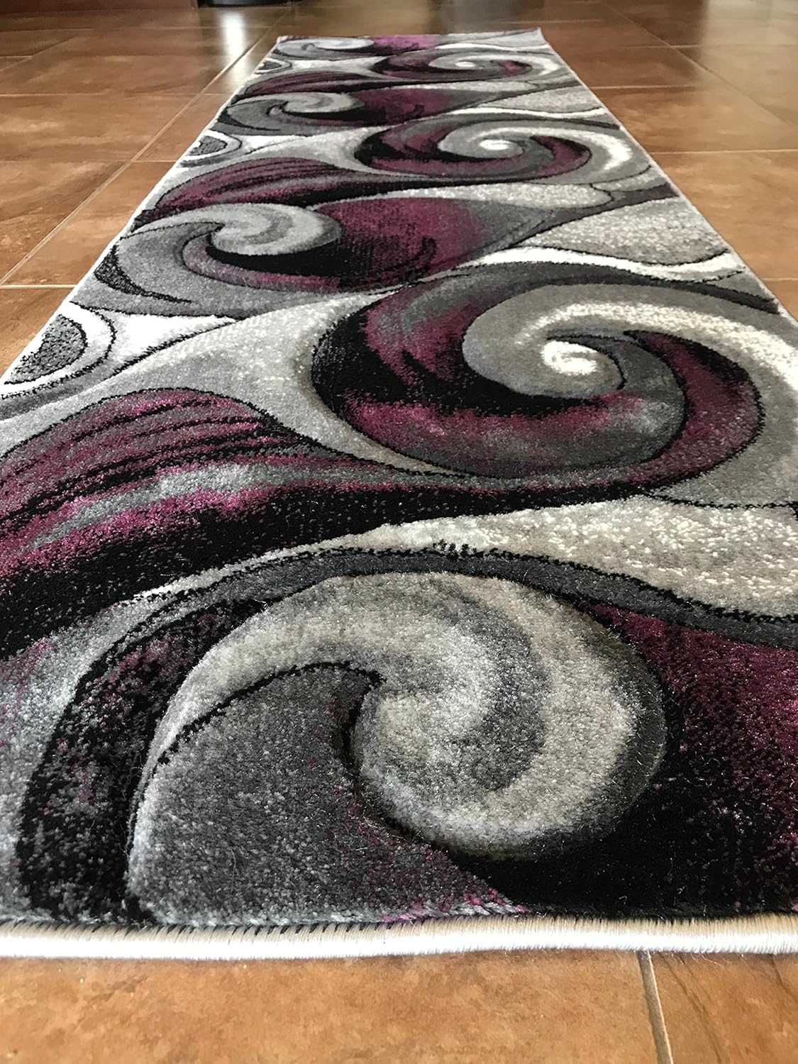Modern Runner Area Rug Gray Purple, Grey Black Carpet King Design 410 (2 Feet X 7 Feet 1 Inch)