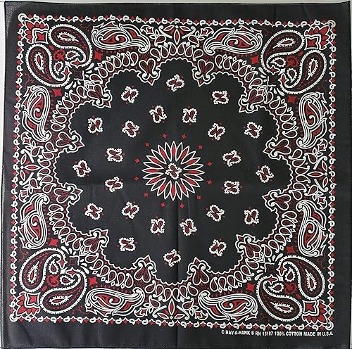 Bandanna Paisley 100% algodón hecho en los Estados Unidos Bandana - 22 pulgadas (negro y rojo), Negro, rojo y blanco