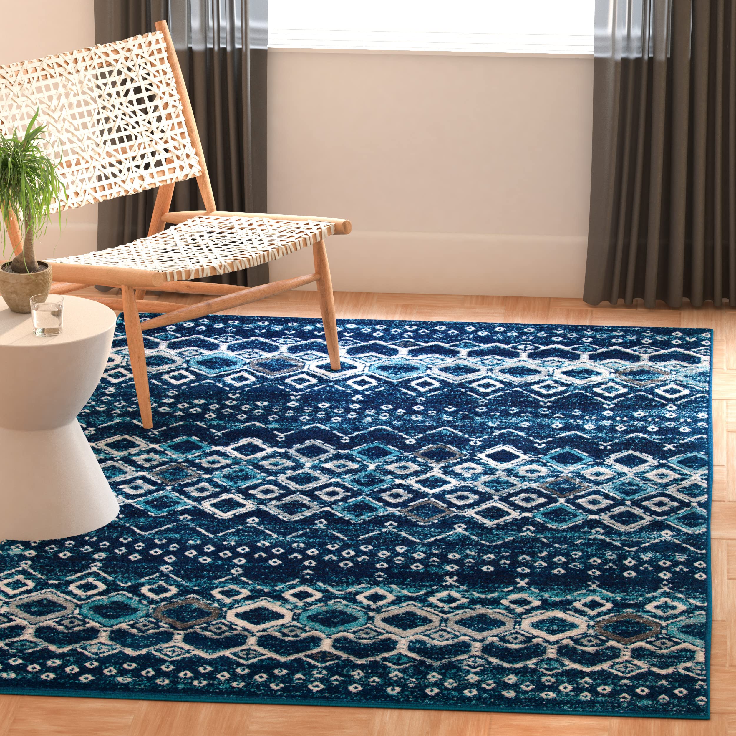 SAFAVIEH Amsterdam Collection Accent Rug - 3' x 5', Navy & Beige, Moroccan Boho Design, Non-Shedding & Easy Care, Ideal for High Traffic Areas in