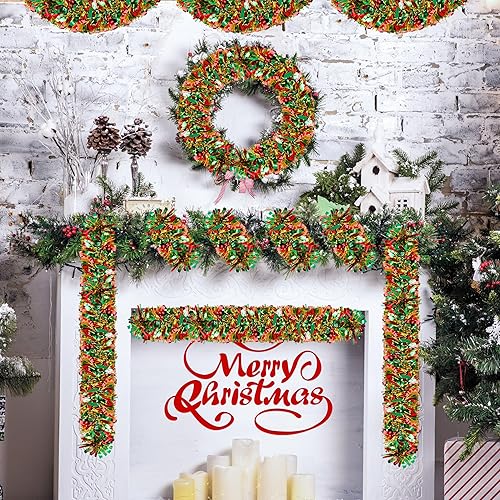 Miniatura 6 de Guirnalda de oropel de Navidad de 33 pies, guirnalda gruesa de oropel para decoración del árbol de Navidad, verde, rojo, dorado, guirnalda de oropel