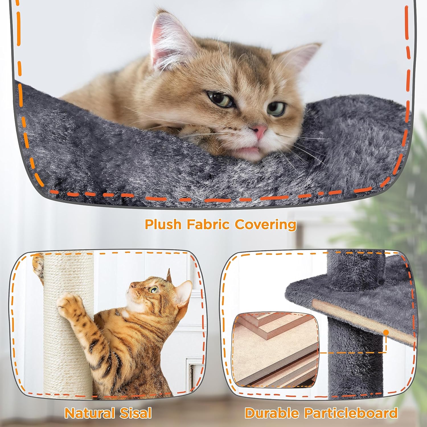 Plush fabric and natural sisal materials of cat tree