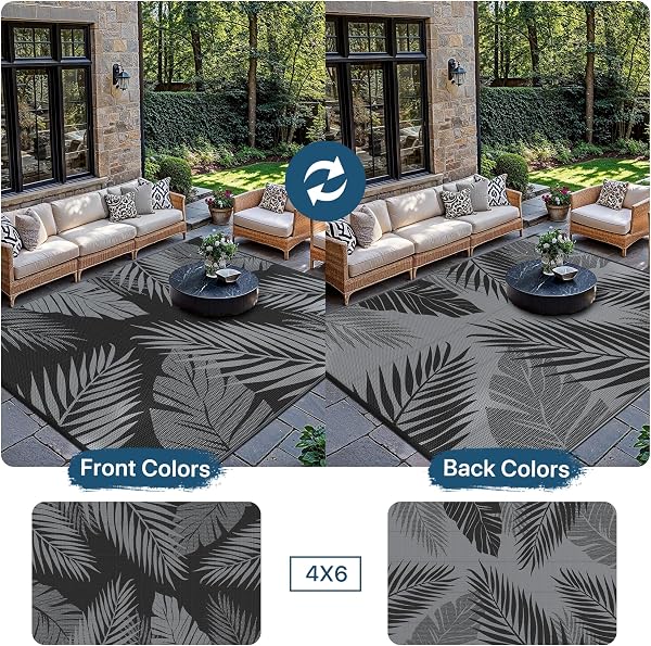 GENIMO Tapis Exterieur Resistant Pluie,Reversible Recyclable Résistant aux UV Tapis Extérieur Terrasse, Tapis Plastique Exterieur pour Balcon, Jardin, Camping, Barbecue, 120x180cm, Noir & Gris - 5