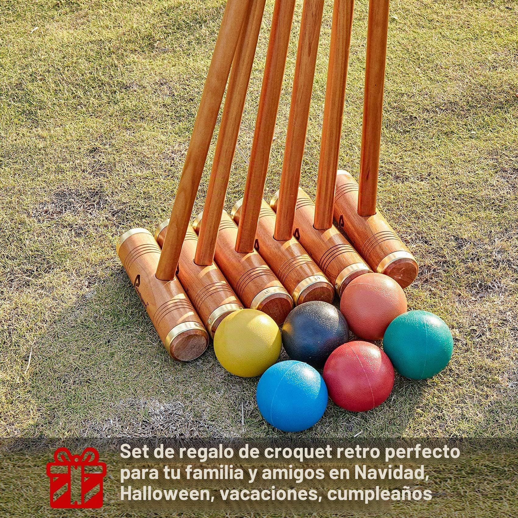Juego de croquet para seis jugadores de 35 pulgadas, juego de croquet de lujo [estilo retro Annatto] con mazos de madera/bola de colores/mechas/estacas para adultos/adolescentes/familia,