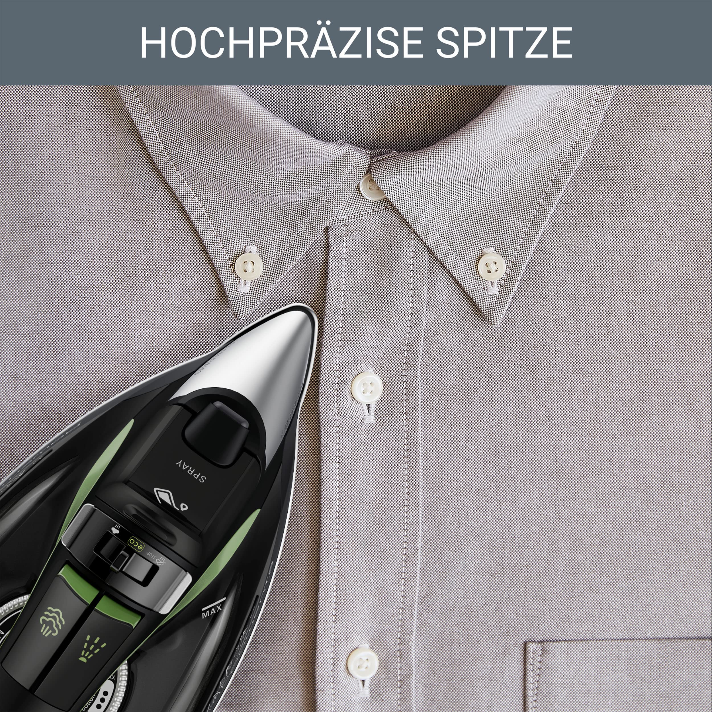 Rowenta Eco Intelligence Dampfbügeleisen, 2700 Watt, kontinuierliche Dampfabgabe: 45 g/Min., Dampfstoß: 180 g/Min., Microsteam400 HD 3De Laserbügelsohle, Anti-Tropf-Funktion, schwarz/grün, DW6330