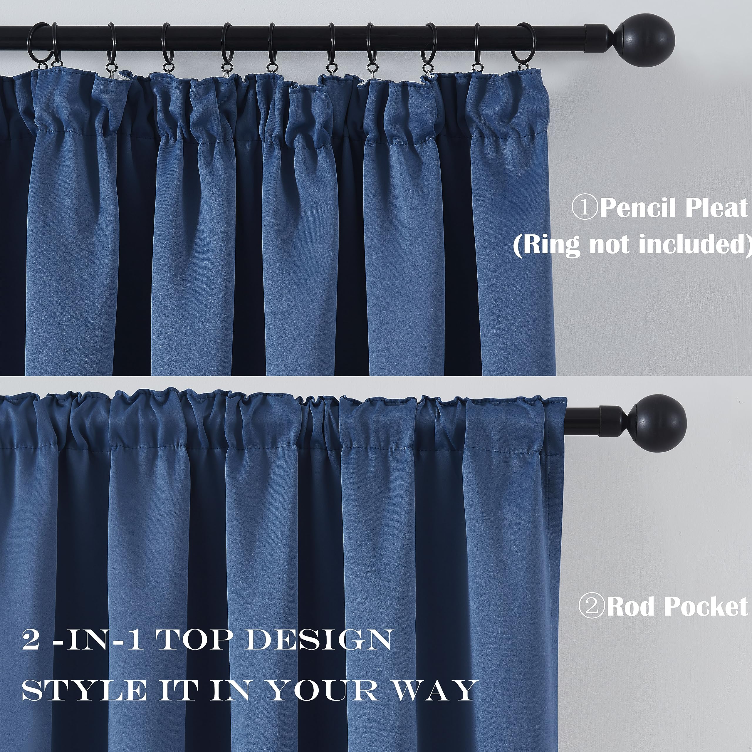 Beauoop Pencil Pleat Blackout Curtains for Bedroom 54 inch Drop Navy Blue Curtains for Living Room Rod Pocket Light Blocking Thermal Insulated Drapes Window Treatment 2 Panels - Image 3