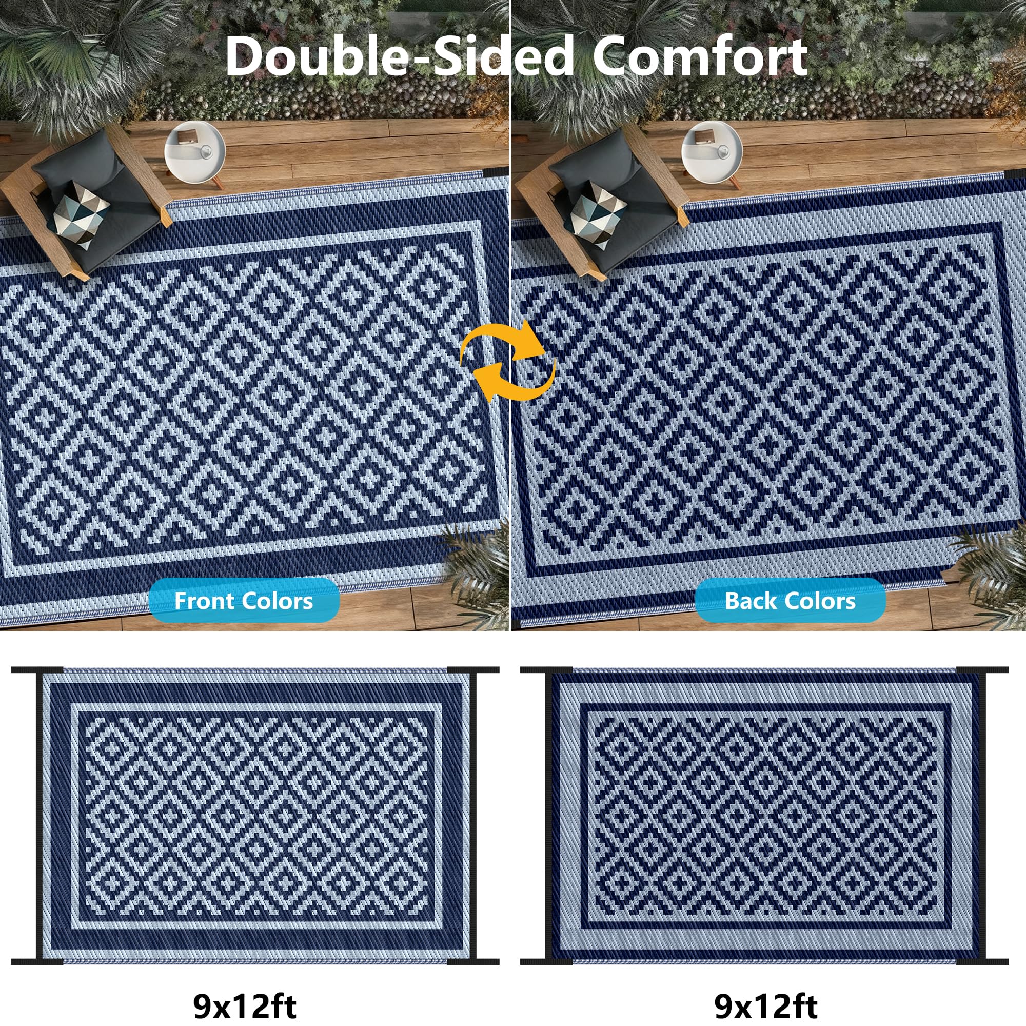 Kohree Tapis d'extérieur réversible avec 4 piquets et 1 sac de transport pour camping-car, terrasse, arrière-cour, pique-nique, porche, bleu, 2,9 x 3,5 m