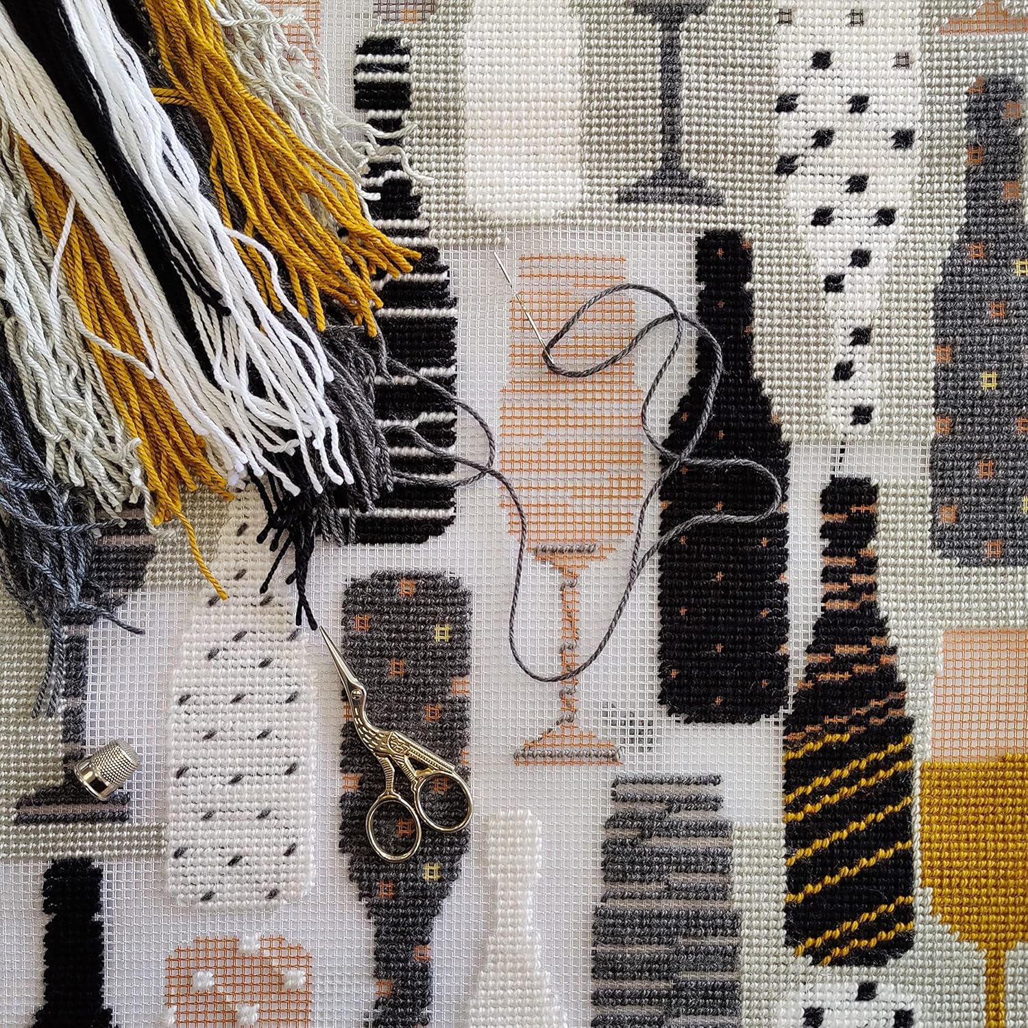 Brvsk Kitchen Stamped Cross-Stitch Kit for Adults and Beginners — Bottles 16″ × 16″ with Clear, Precise Printed Design on Cotton Canvas; Includes 2 Needles, Yarn, and Easy-Read Chart