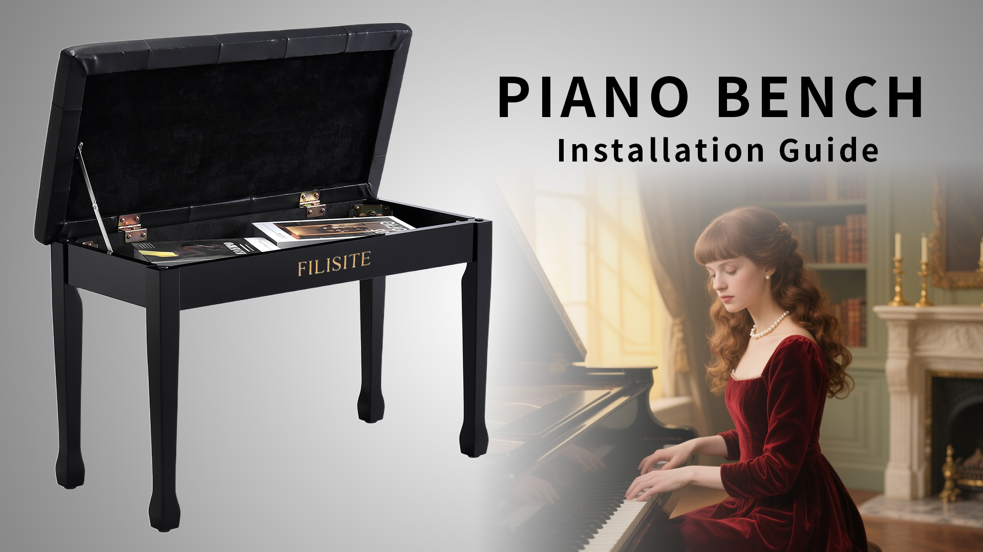 Vanity Stool With Storage Duet Piano Bench Piano Bench With Waterproof Padded Cushion, Makeup Stools For Vanity, Bench For Living Room/Bedroom (Black Piano Seat Vanity Bench