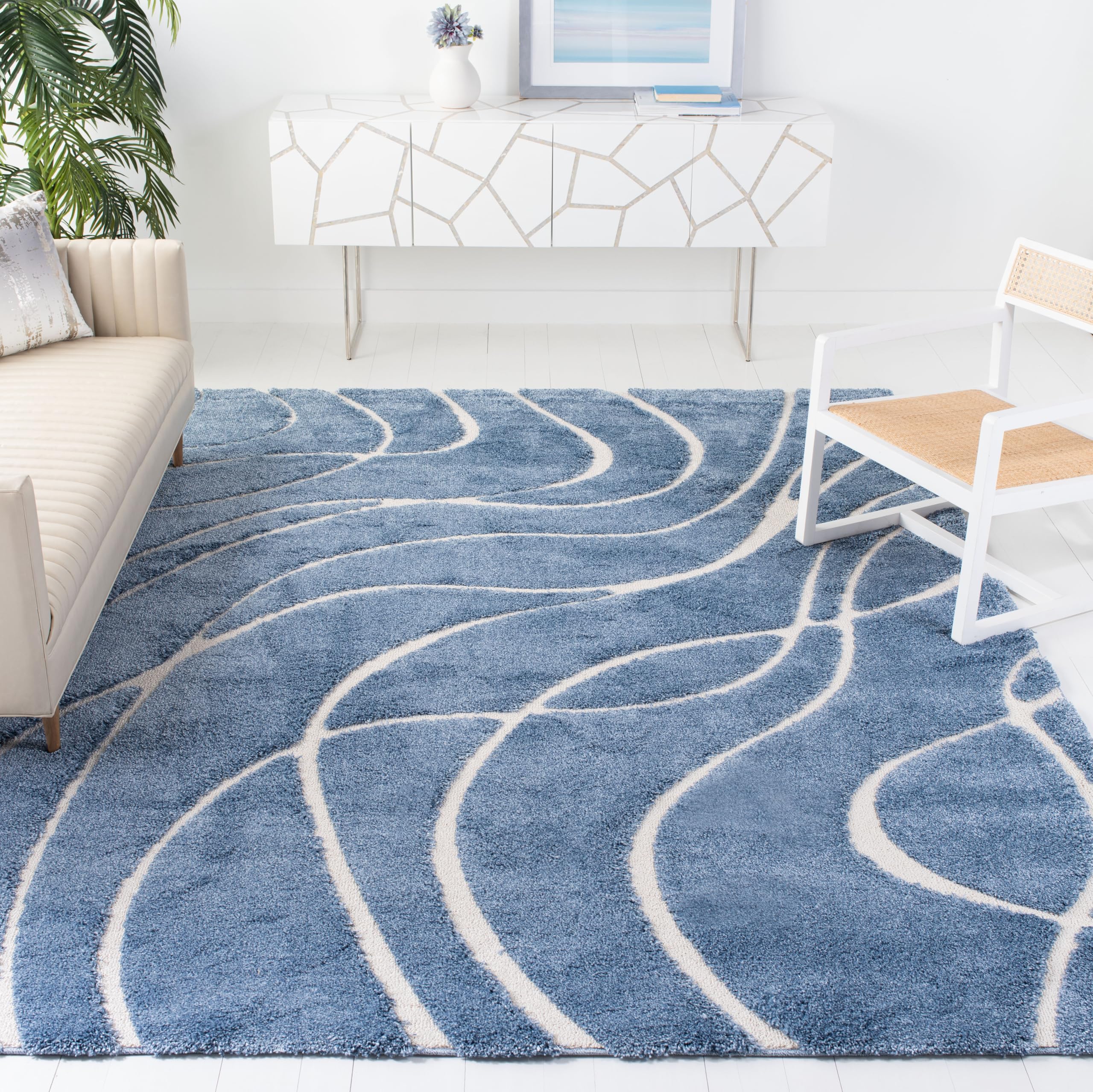 SAFAVIEH Florida Shag Collection Area Rug - 9'6" x 13', Light Blue & Cream, Non-Shedding & Easy Care, 1.2-inch Thick Ideal for High Traffic Areas in
