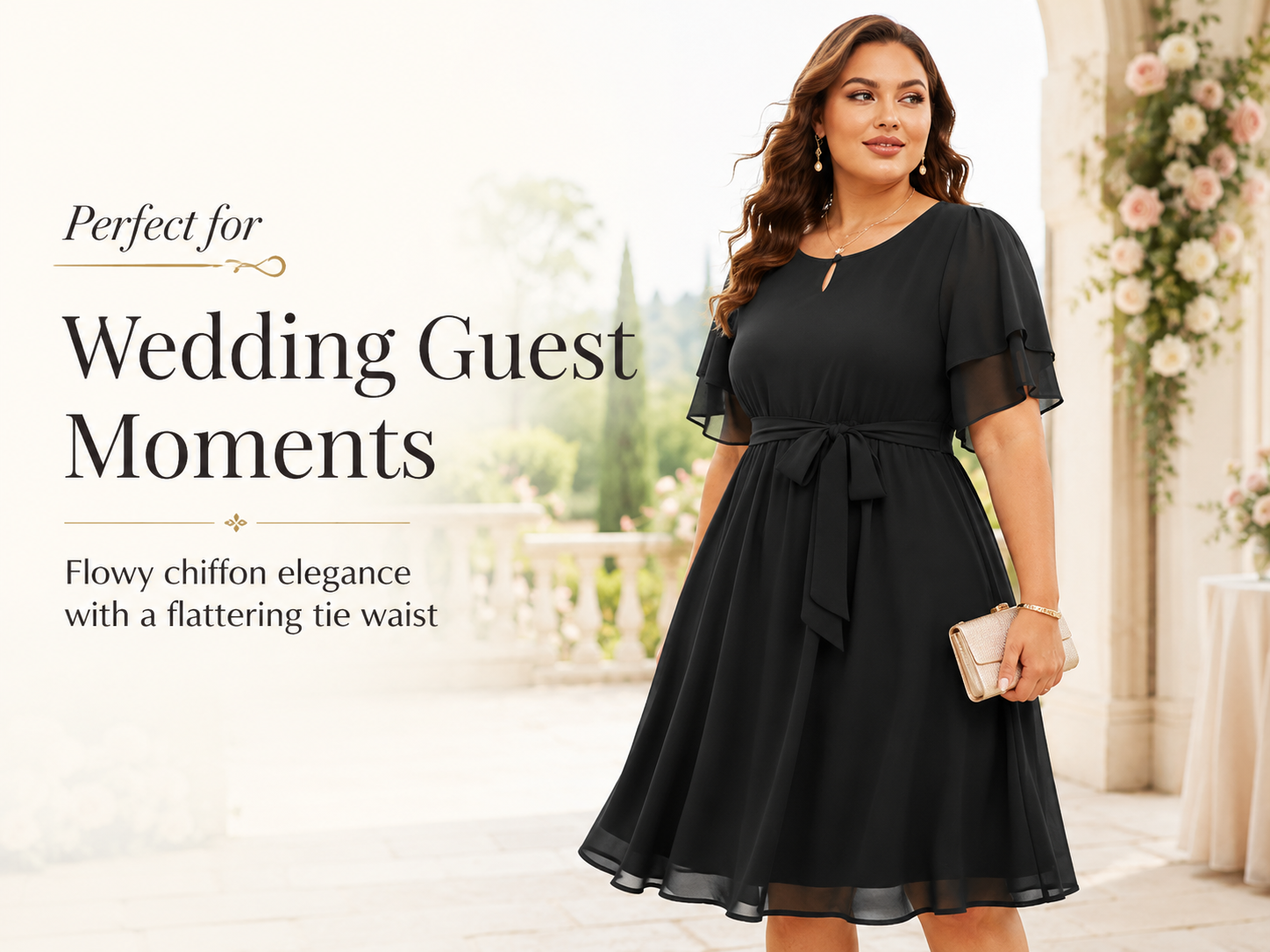 Pinup Fashion Plus Size Little Black Dresses Women Wedding Guest Funeral Chiffon Cocktail Semi Formal Elegant Party Flowy Midi Dress