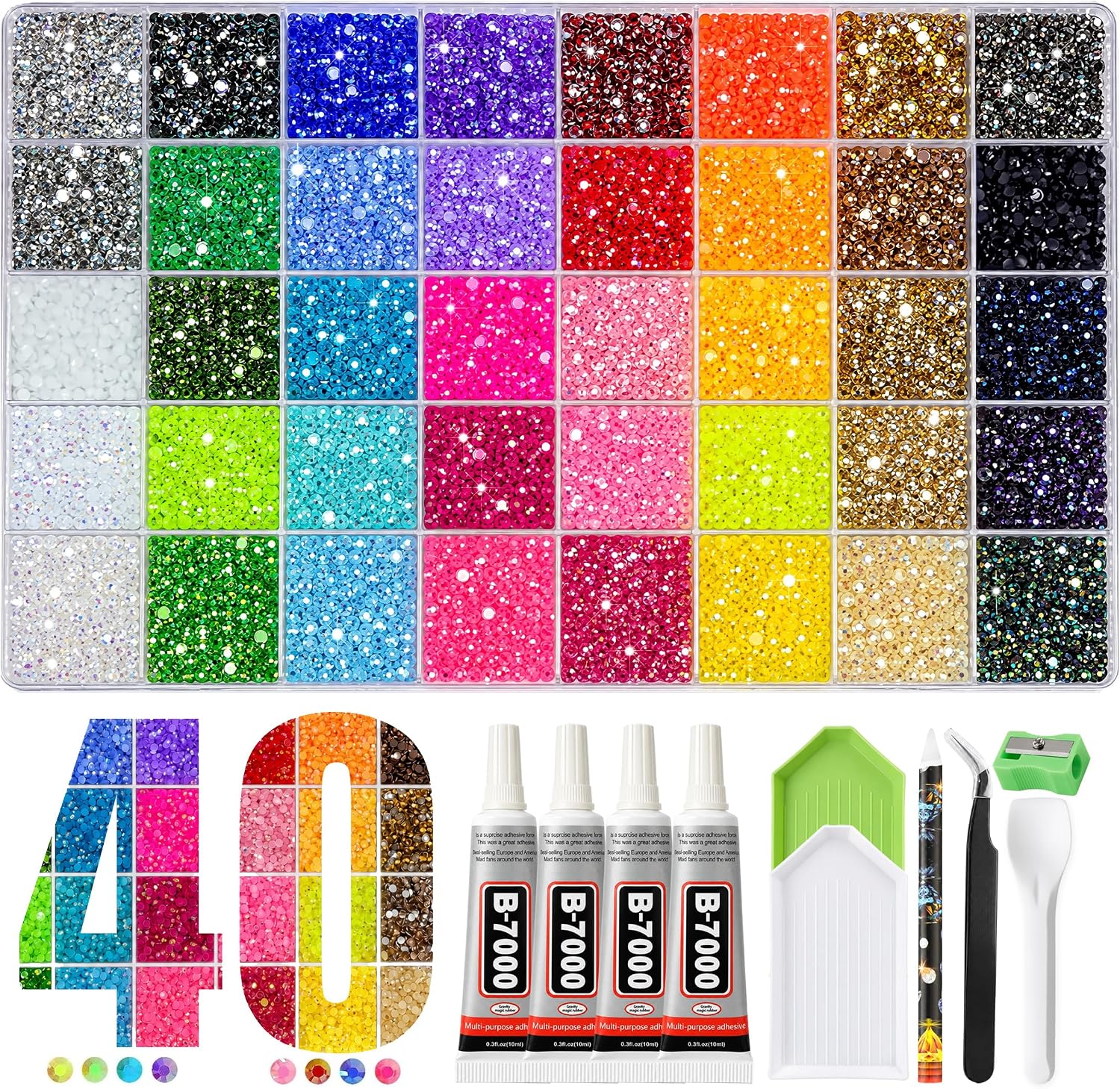 42000Pcs Resin Jelly Rhinestones for Bedazzling, 40 Colors 3mm Flatback Gems with AB Rhinestones, Bedazzling Kit with 4Pcs B7000 Glue & Tools for DIY Crafts Nail Art Clothes Shoes Tumblers