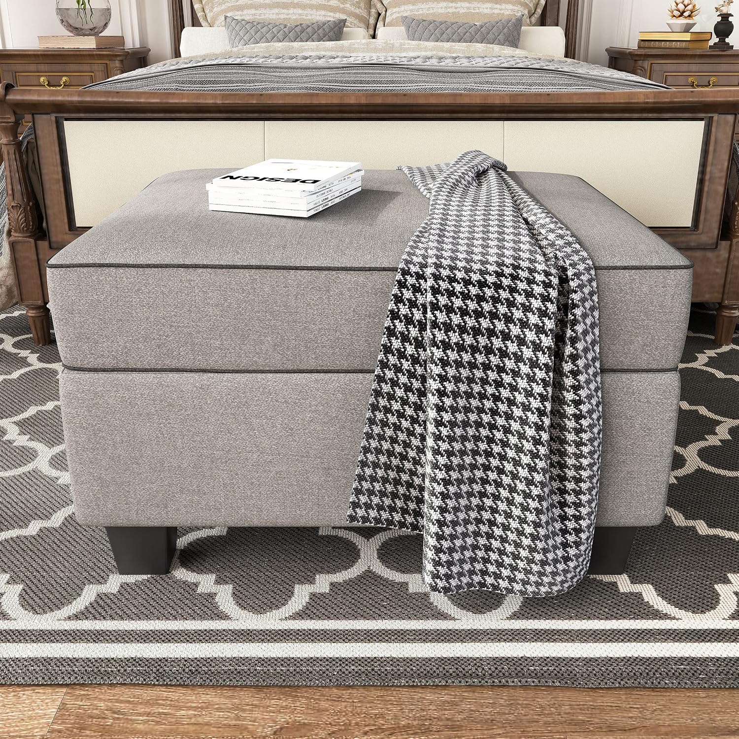 HONBAY Storage Ottoman with Hydraulic Rod, Linen Fabric Storage Bench, Rectangle Footstool Ottoman with Storage, Grey