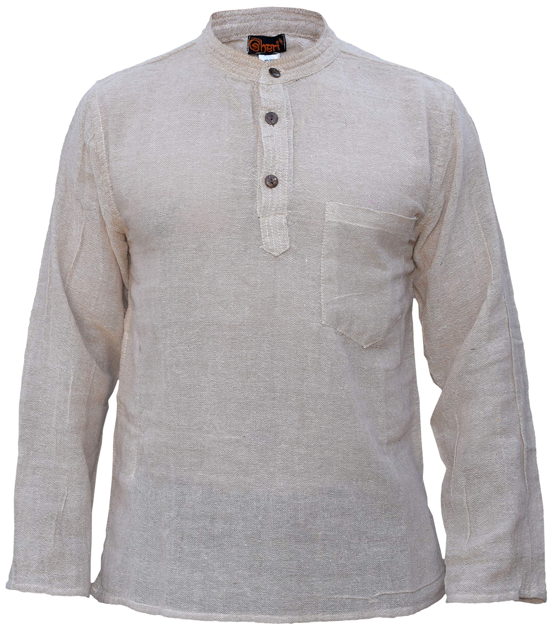 Gheri Men's Beige Hemp Cotton Collarless Long Sleeve Grandad Shirt Small