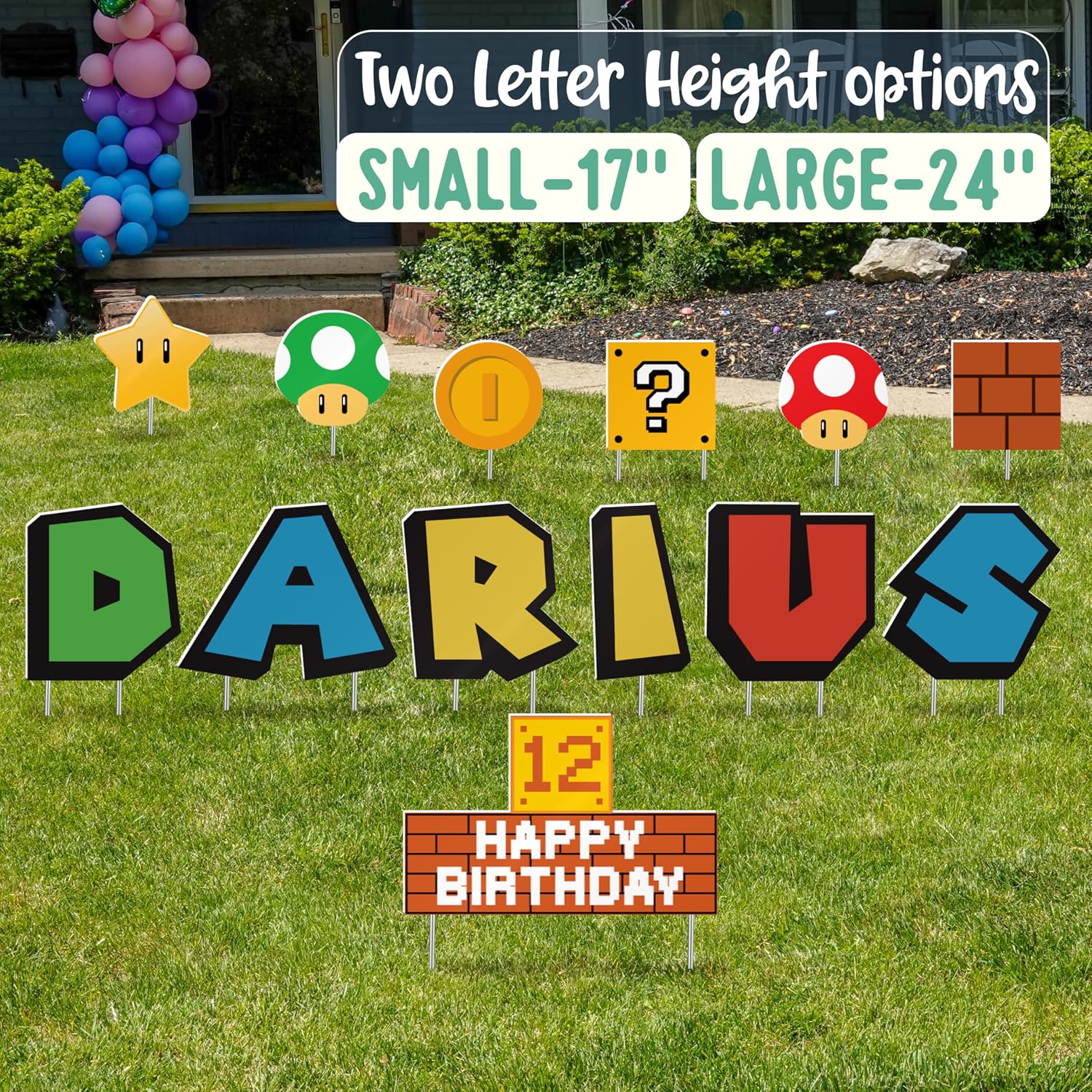 Personalized Happy Birthday Yard Sign & Matching Icons - 2 Sizes, 16 Themes - Outdoor Birthday Decorations for Boys/Girls - Birthday Yard Sign with Stakes - Mario