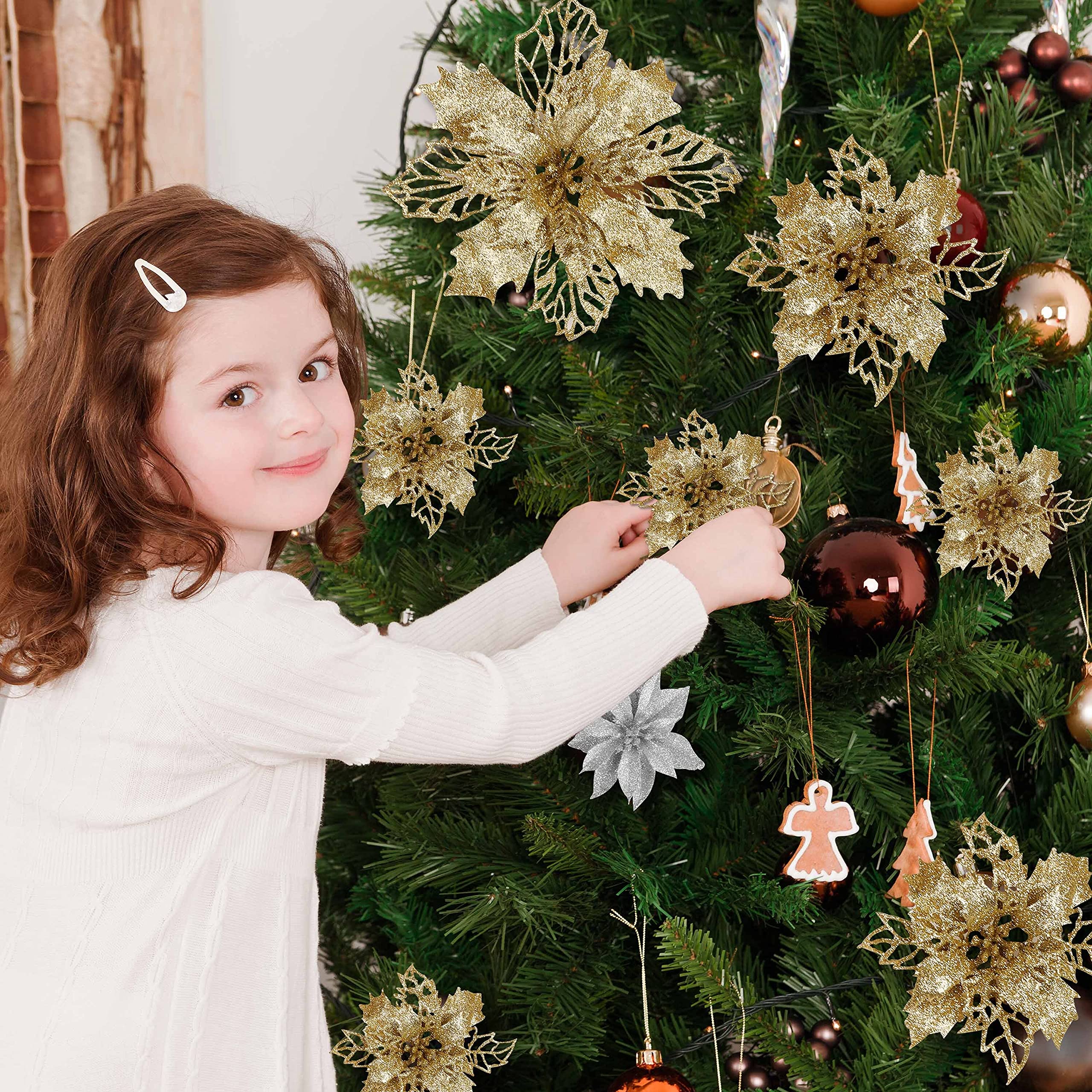 Gejoy Lot De 8 Pics De Noël à Paillettes Avec Fleurs Artificielles Et Feuilles Artificielles Pour Sapin De Noël, Couronne, Guirlande, Artisanat, Vacances, Mariage, Décoration D'intérieur, 20 Cm