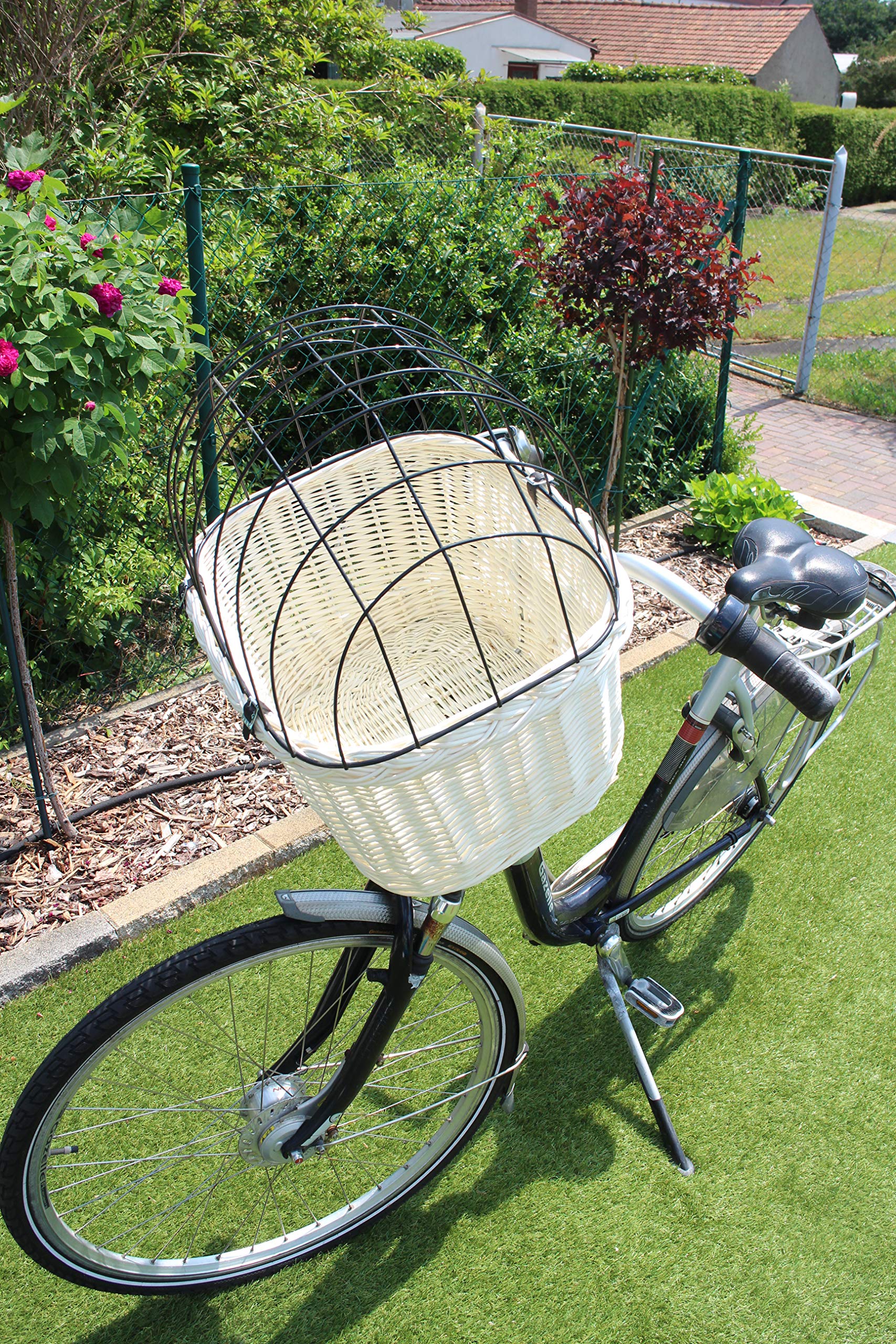 Panier de vélo pour chien pour guidon de vélo en osier avec grille en métal et coussin blanc Panier pour chien (avec coussin)