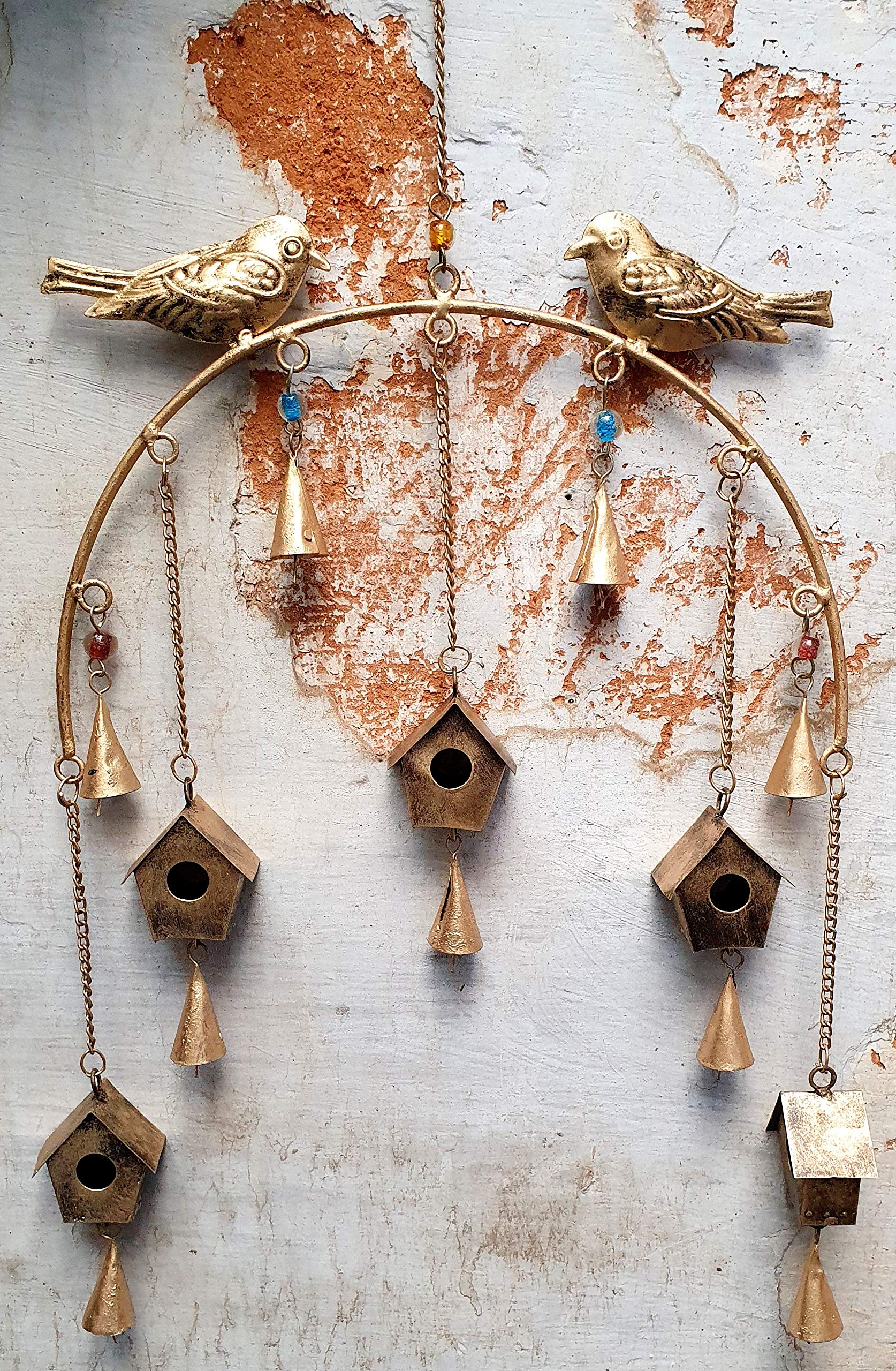 HIGHBIX Hanging Metal Bird Hut Handmade Rustic Vintage Hangings Charming Bells with Jute Bag Wall Hanging Decor (65cm) - Image 2 thumbnail