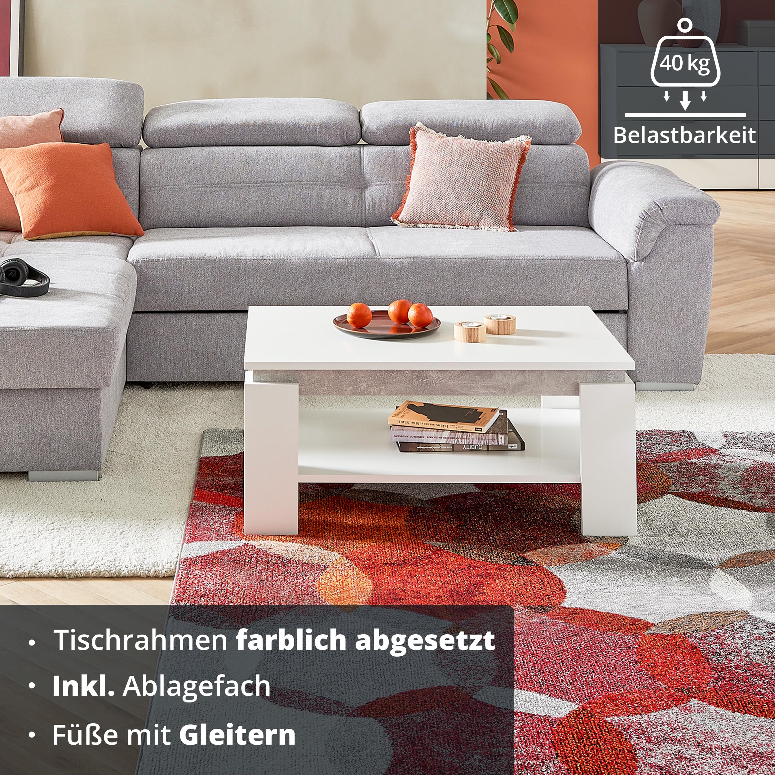 KHG Couchtisch weiß Rechteckig, Ablagefach in Beton-Optik, für Wohnraum | Holzwerkstoff foliert, Sofatisch fürs Wohnzimmer, 25 kg belastbar, 90x60x41 cm, stabil und pflegeleicht, für Zuhause