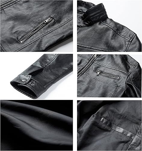 Miniatura 7 de VICALLED Chaqueta de cuero para hombre Slim Fit Stand Collar PU Chaqueta de motocicleta ligera