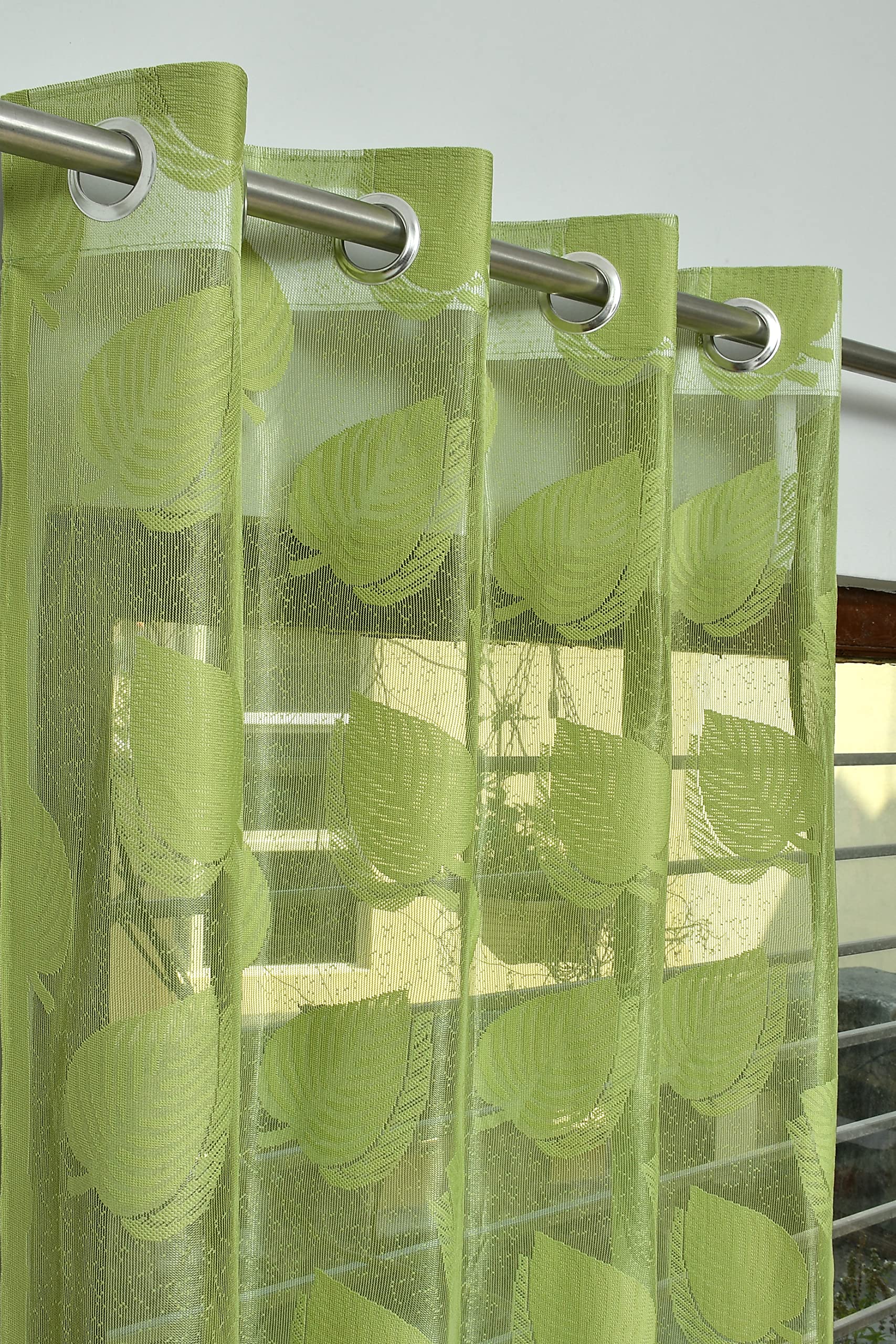 Net Semi Sheer Transparent Leaf Curtains for Window 5 Feet, Pack of 1, Green