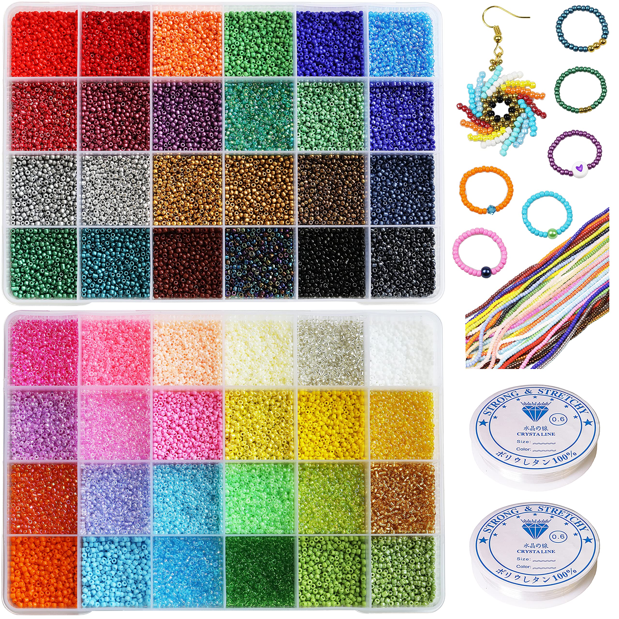 Bala&Fillic Size 2mm 12/0 Seed Beads Jewelry Making Supplies Kit, 48 Colors About 38400pcs Small Craft Glass Beads with Beading Elastic String for Bracelets Earrings Necklaces Making