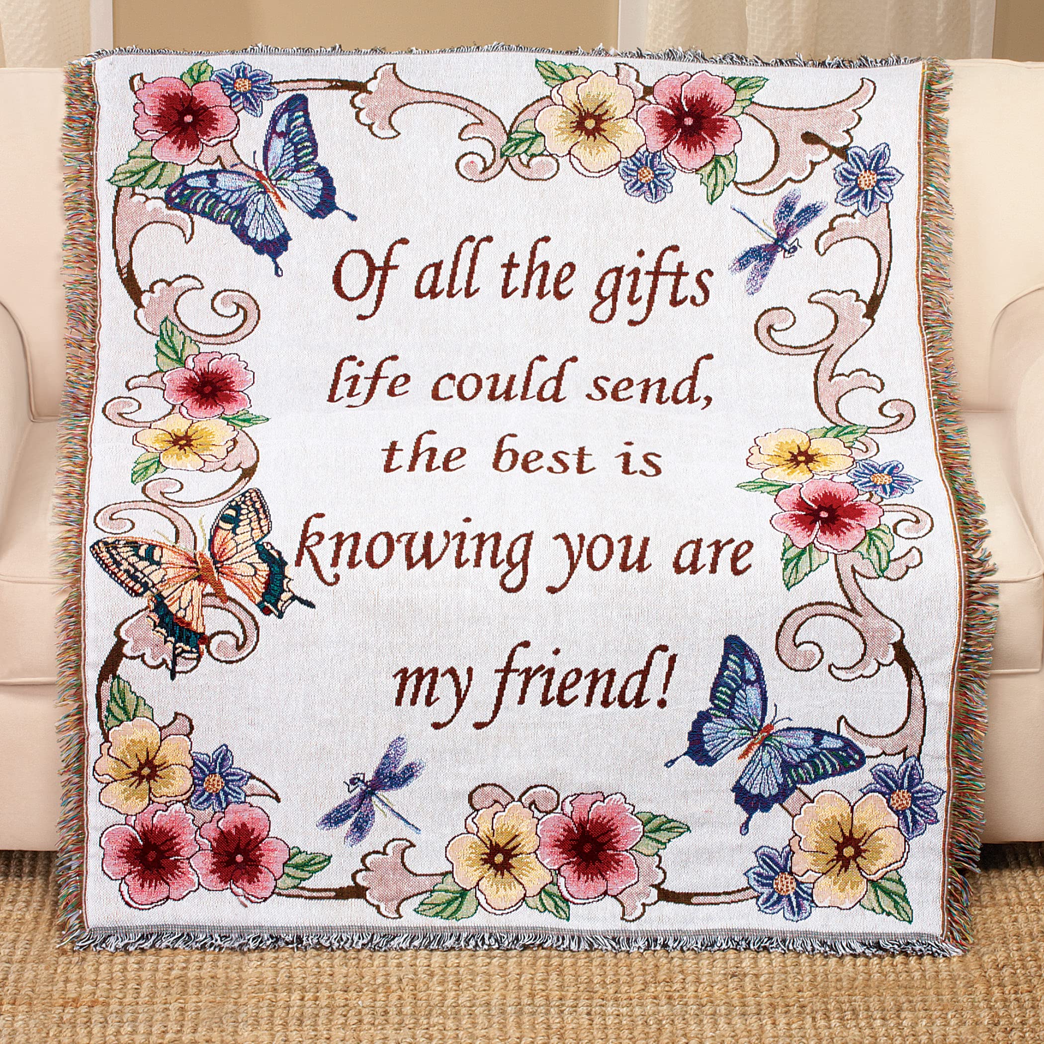 Collections Etc Tapestry Throw Blanket with Fringe Border, My Friend, Floral with Butterflies, 50