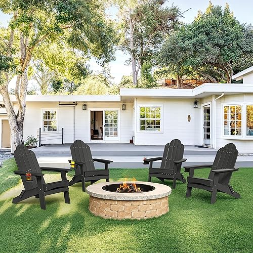 LUE BONA Juego de 2 sillas plegables Adirondack HDPS, color negro, resistentes a la intemperie, sillas modernas de plástico para exteriores con