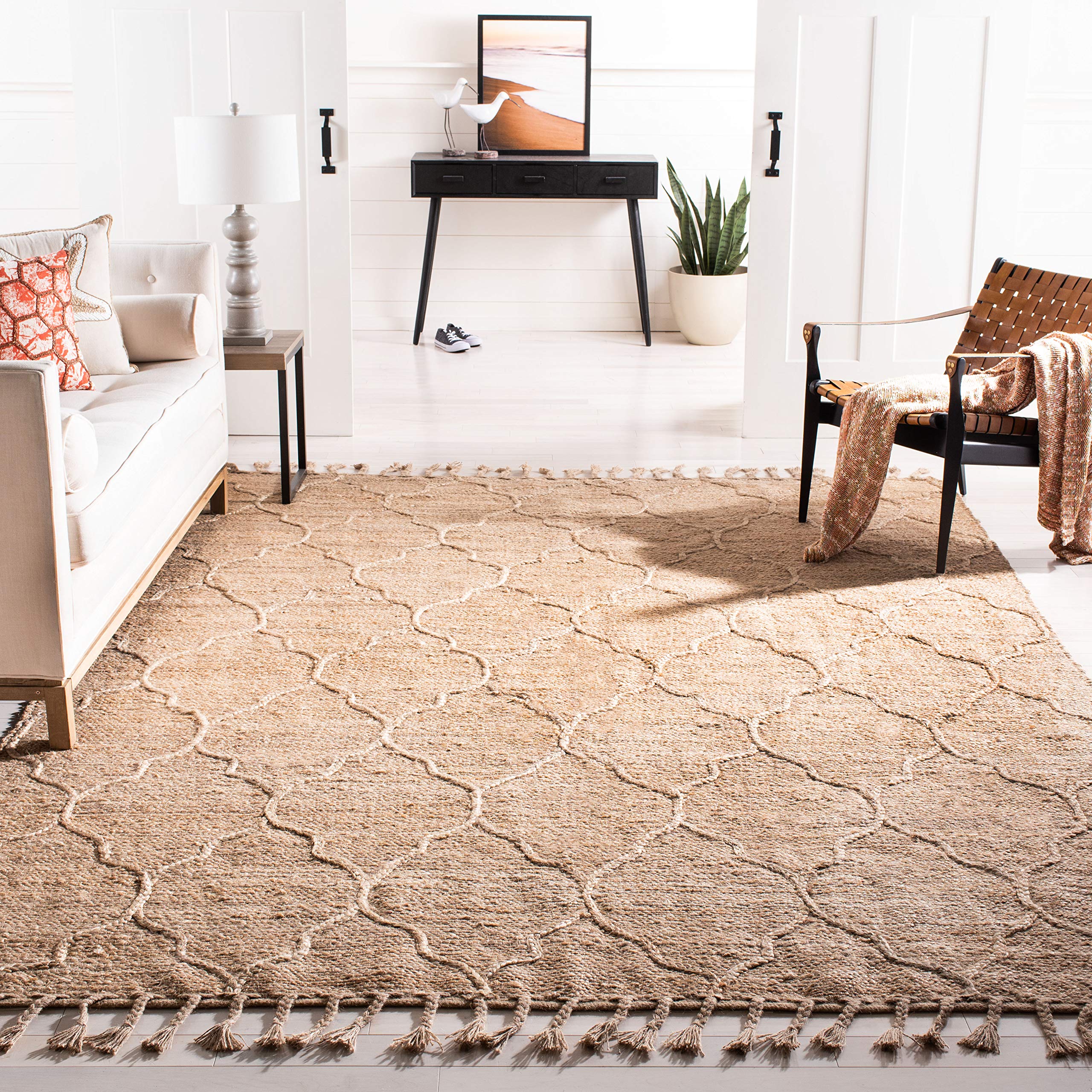 SAFAVIEH Natural Fiber Collection Area Rug - 10' x 14', Natural, Handmade Farmhouse Rustic Geometric Moroccan Trellis Braided Tassel Jute, Ideal for