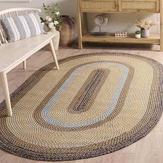 SAFAVIEH Washable Indoor Outdoor Oval Rug 4x6 - Braided Collection - Brown & Navy, Handmade & Reversible, Weather Resistant, Ideal for Patio, Mudroom, Deck, Backyard (BRD303T)