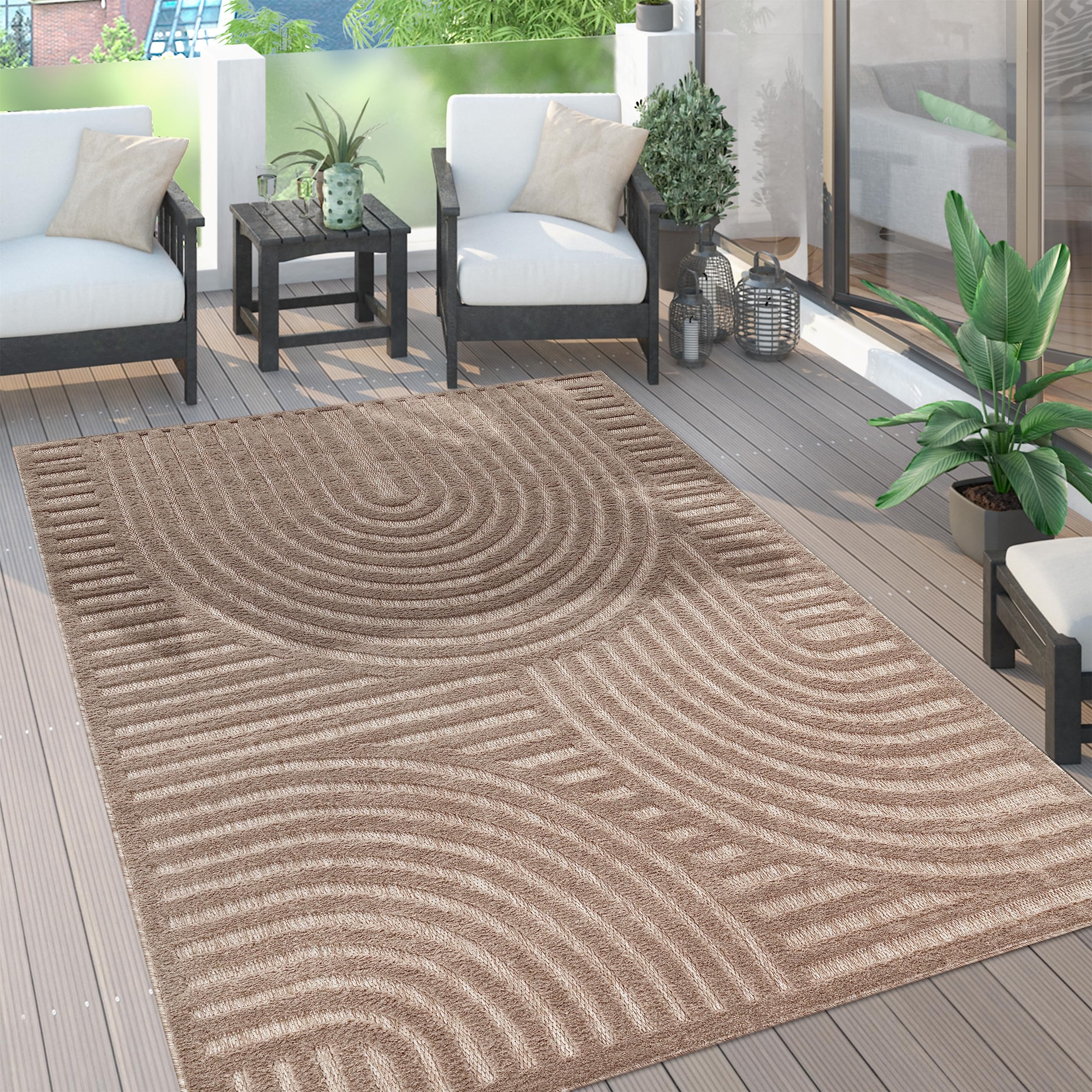 Rond binnen & buiten vloerkleed Porto - groen/crème 140 cm rond