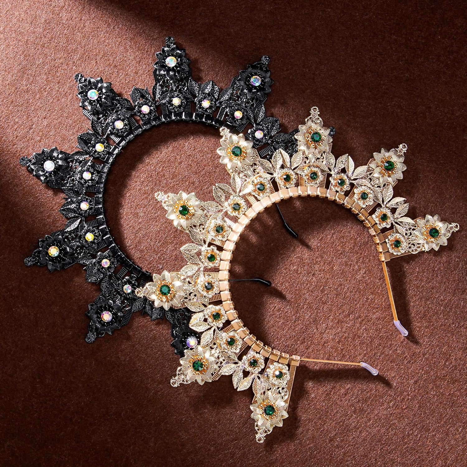 Greek Goddess Halo Crown - Sunburst Black Spiked Gothic Witch Headband with Green Rhinestones, Virgin Mary Flower Headpiece for Women Lady Cosplay Festival Halloween Renaissance Costmue - Image 6