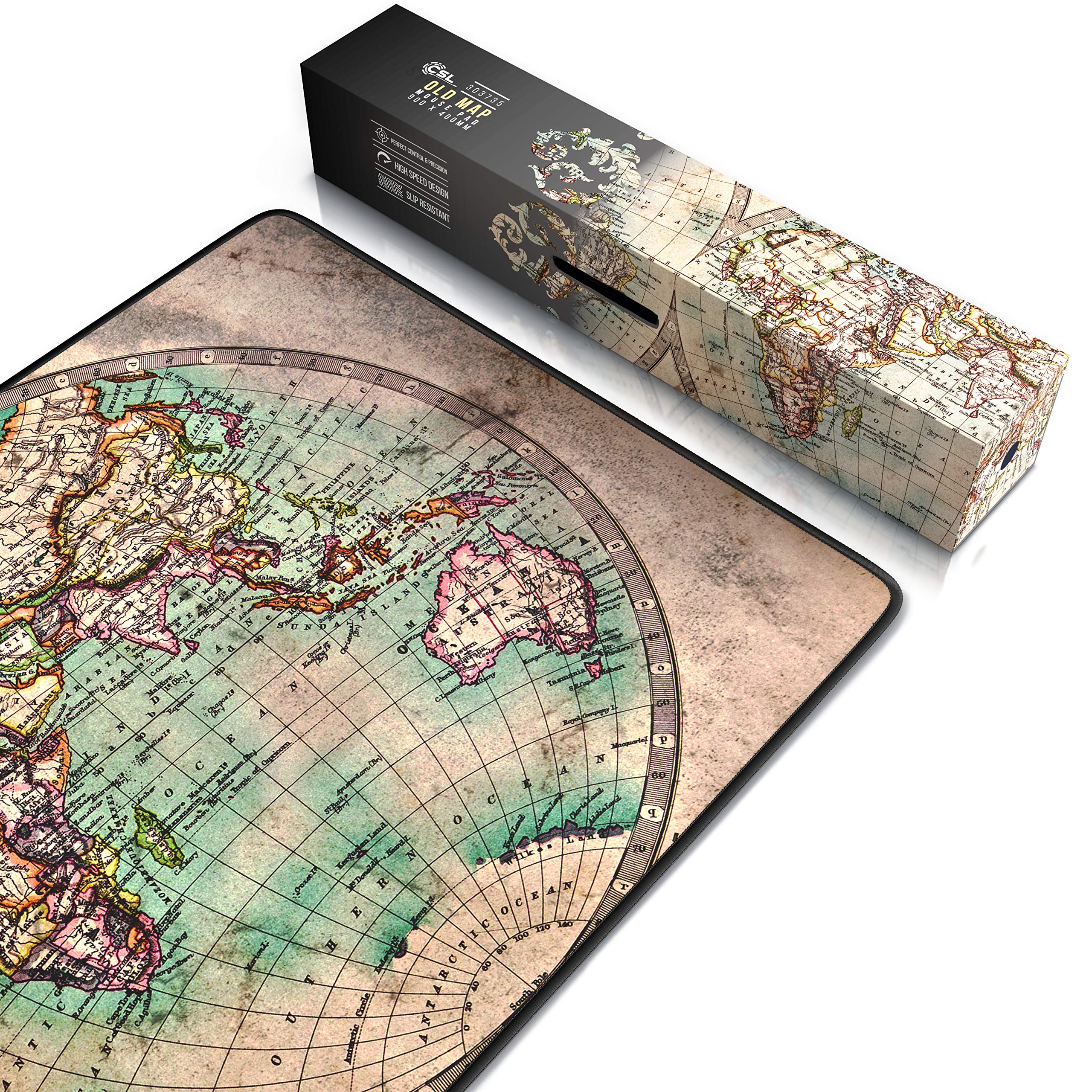 CSL – Tappetino per Mouse Oversize 900x400mm – Mousepad XXL con Stampa - Tappeto Extralarge – per precisione + velocità – per Mouse e Tastiera - Old Map
