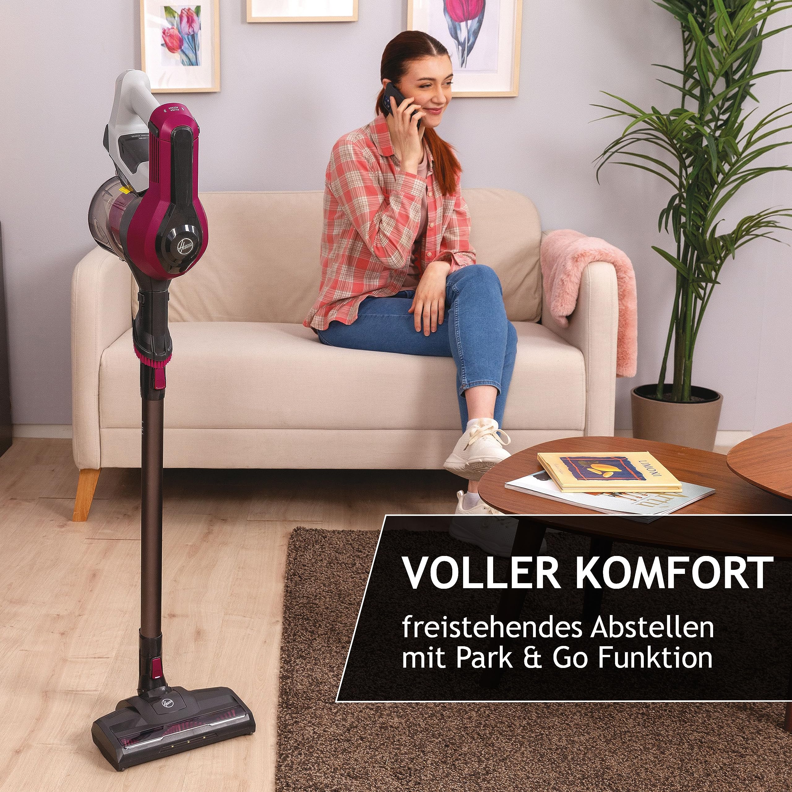 Hoover Akku-Staubsauger ohne Beutel + Tierdüse I bis zu 120 m² mit 1 Akkuladung I Staubsauger kabellos mit LED, XL Staubbehälter & Parkfunktion I Akkusauger mit Fugendüse & Staubbürste [HF110P]