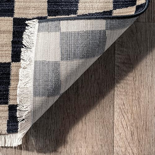 Miniatura 3 de nuLOOM Dominique - Alfombra abstracta con flecos a cuadros, 4 x 6, azul marino