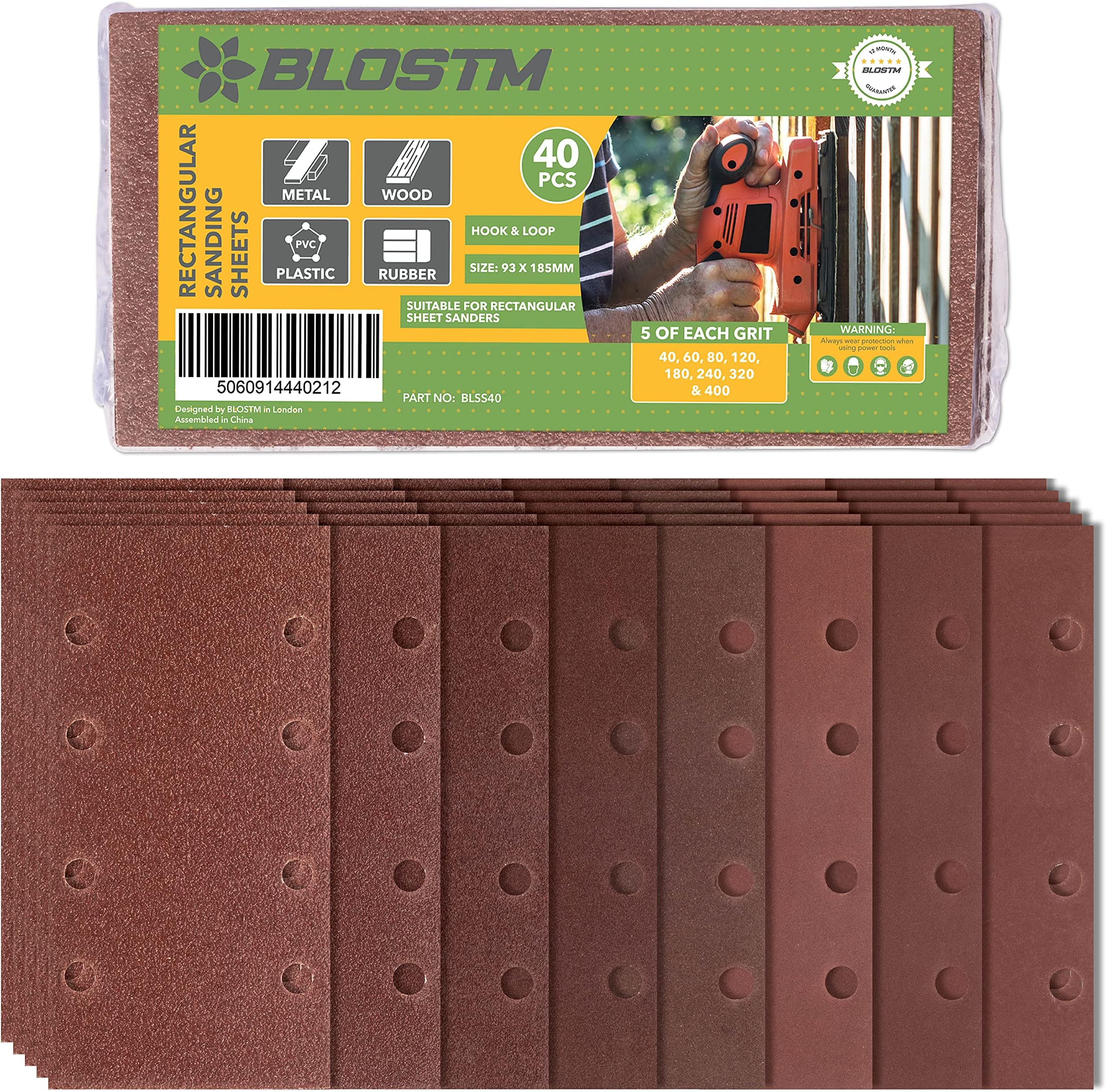 BLOSTM 40PCS Sandpaper for Electric Sander - Hook and Loop Sanding Pads Assorted 40/60/80/120/ 180/240/320/400 Grit Fit Rectangular Electric Sander - 93 x 185mm