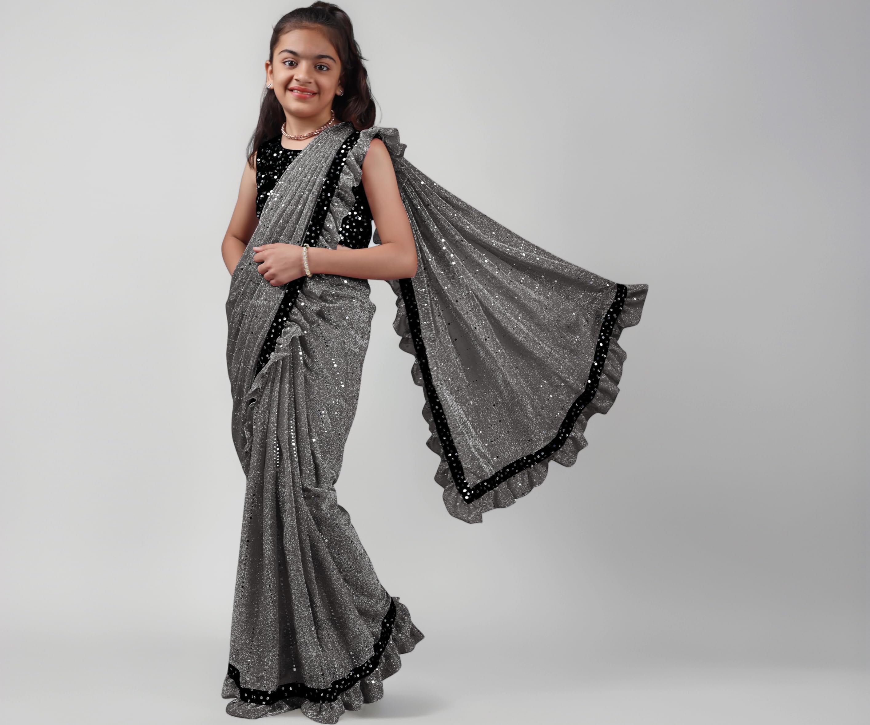 Kids Girls Lycra Blend Saree With Unstitched Sequence Blouse Piece (3-4 yrs to 11-12 yrs) (Grey, 4-5 Years - S)